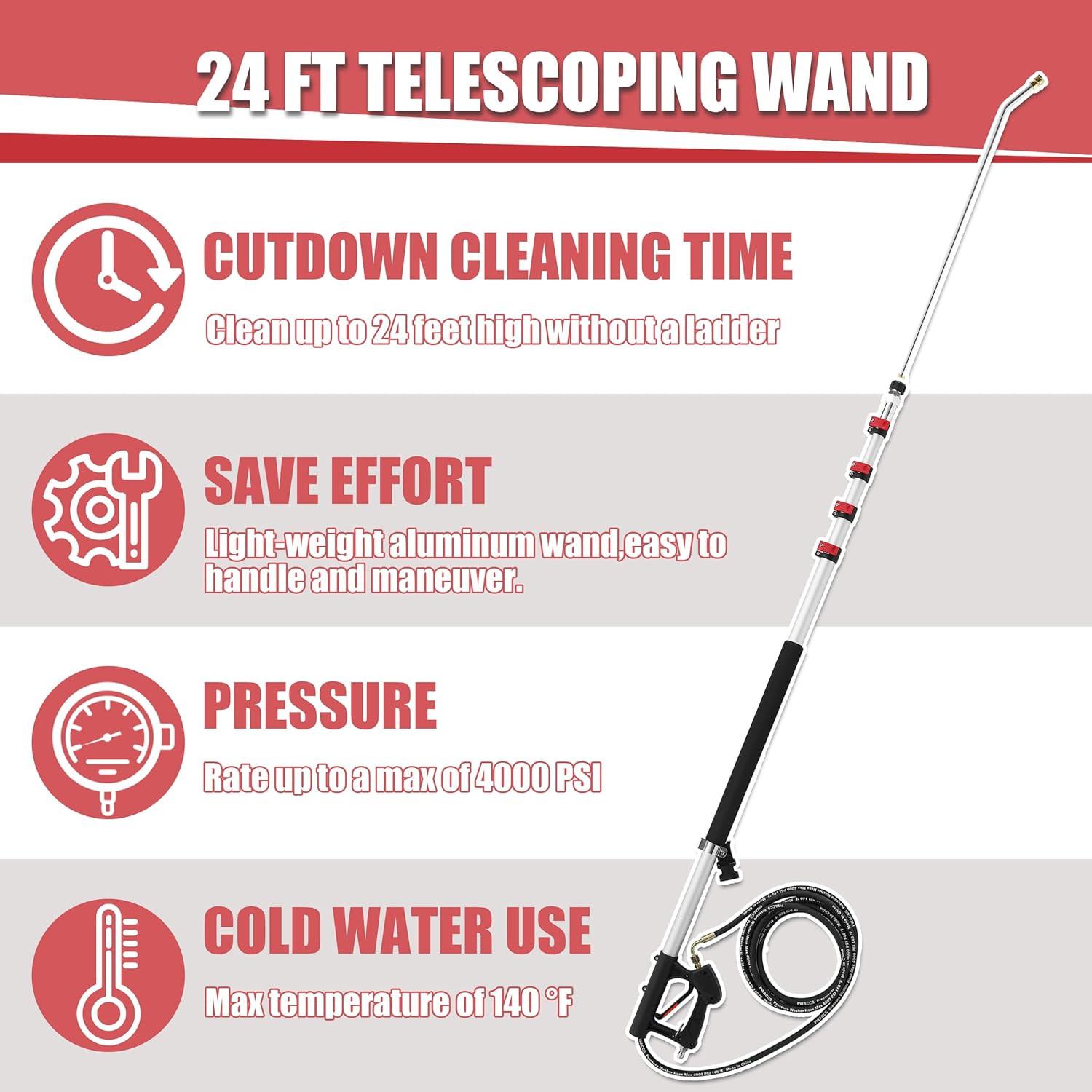 24FT Telescoping Pressure Washer Wand with Gutter Cleaner & 7 Nozzles