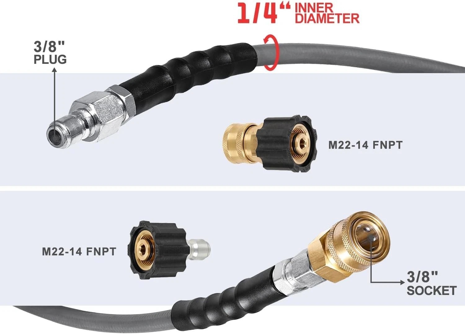 Pressure Washer Hose 50 FT Rubber Steel Wire Braided Non-Marking Cold Hot Water