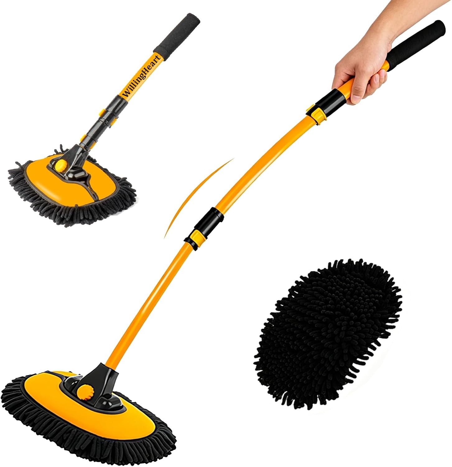 WillingHeart 15° Curved Car Wash Brush with Long Handle 43″ Large, Yellow