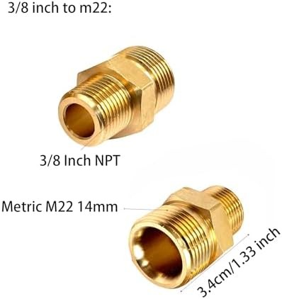 2 Pcs M22 Pressure Washer Fittings, Brass 3/8 Inch NPT Male to Metric M22 14mm M