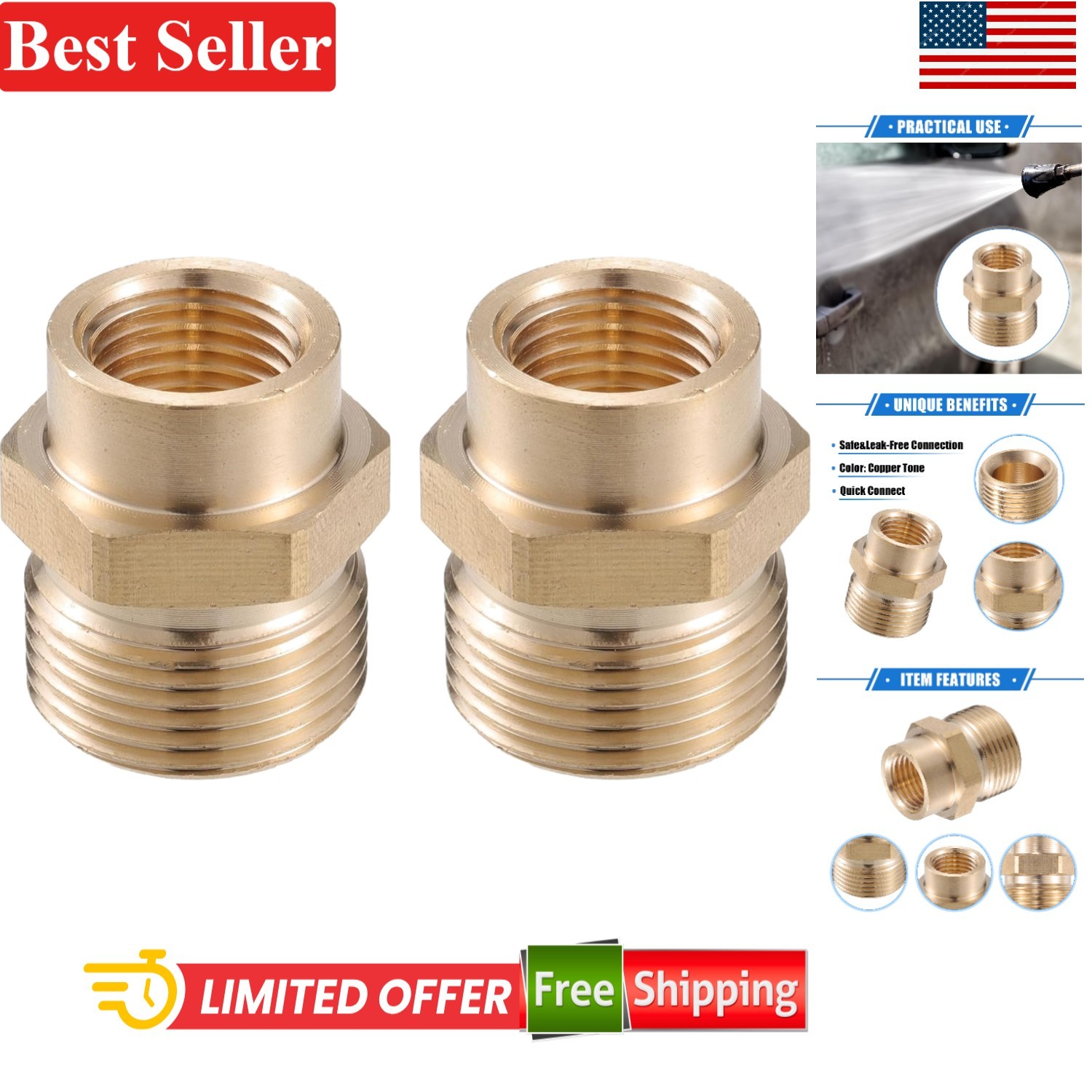 Pressure Washer Adapter M14x1.5 to 14mm M22x1.5 Brass Copper 1pc
