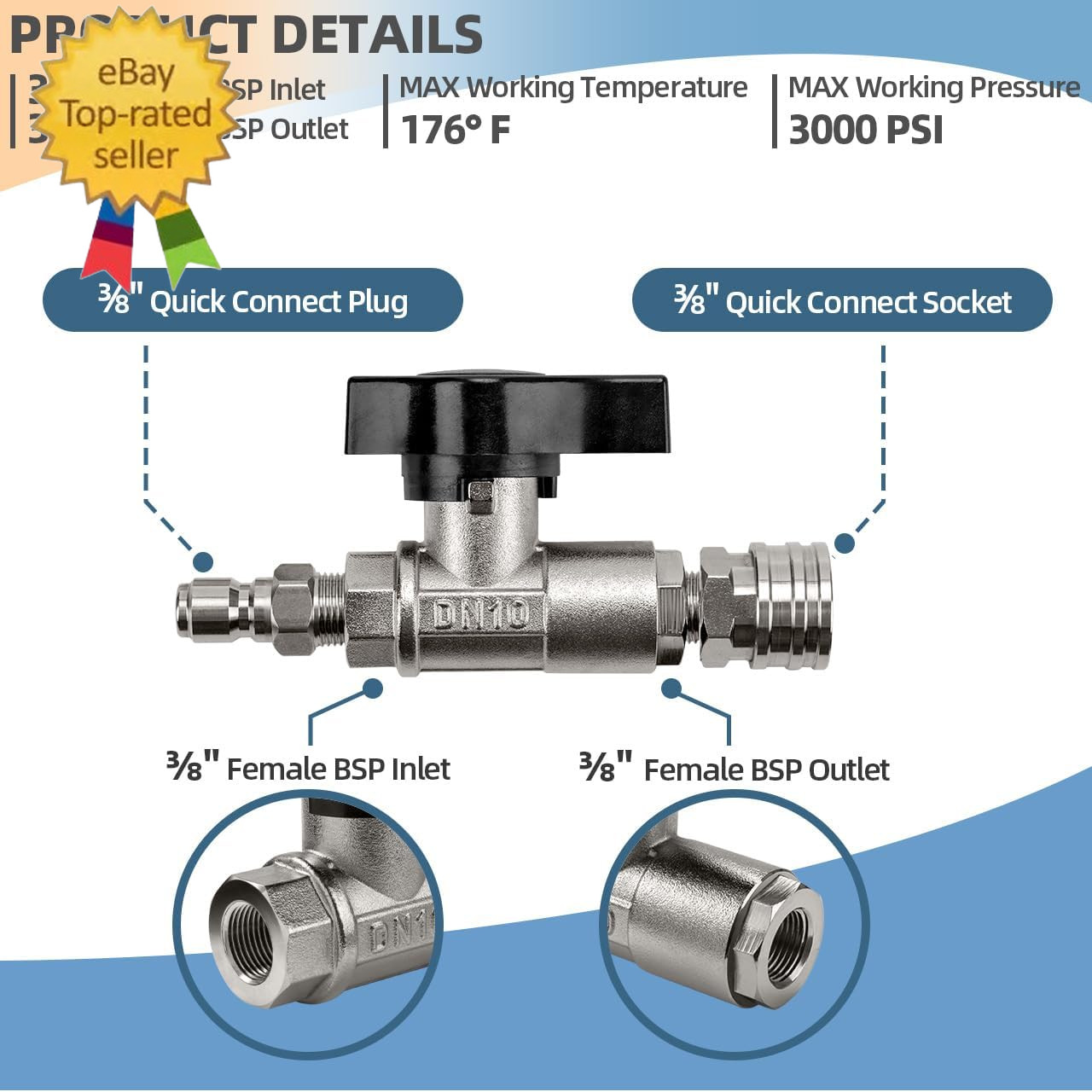 DN10 Ball Valve for Pressure Washer, 3/8″ Quick Connect Ball Valve for Pressure