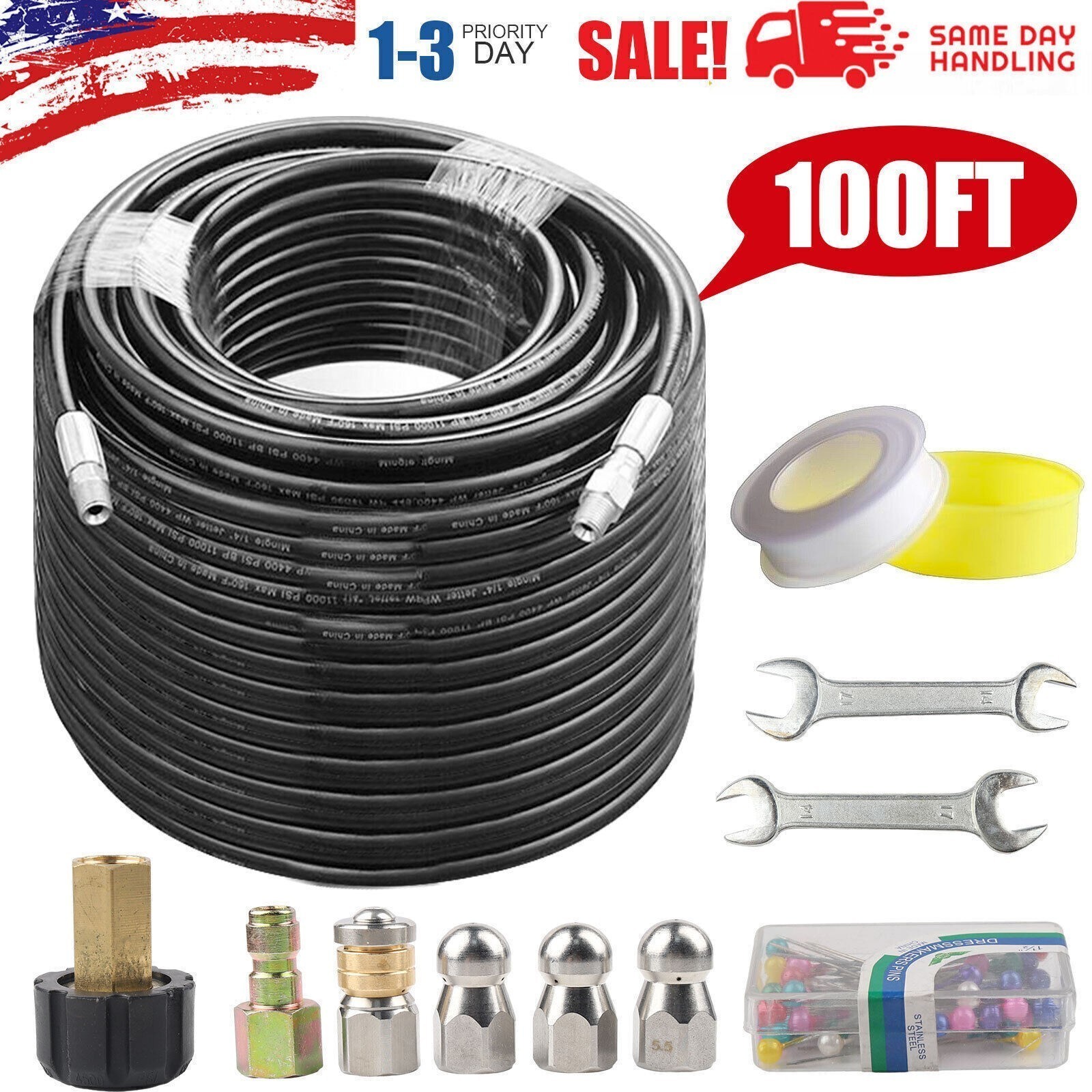 Sewer Jetter Nozzles Kit 100FT Drain Cleaning Hose for Pressure Washer 5800PSI