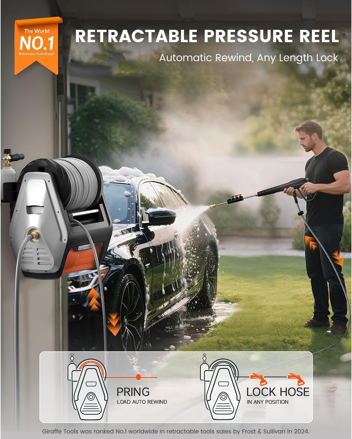 Giraffe Tools Wall Mount Pressure Washer PRO 100FT Retractable Hose Max 3700 PSI