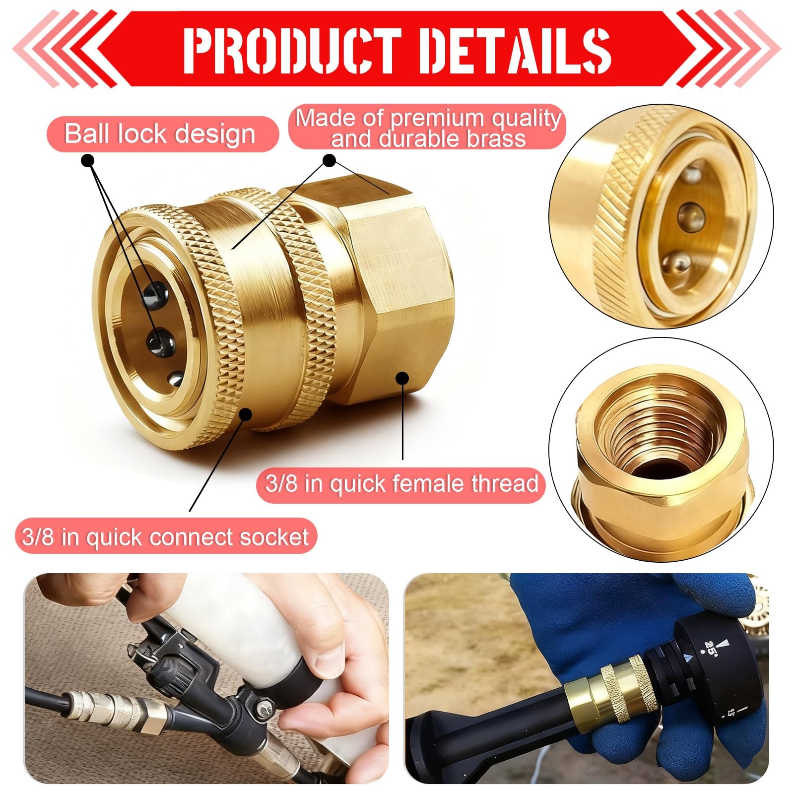 Pressure Washer Couplers Brass Fittings 2 Pack 3/8 Inch Quick Connect To Female