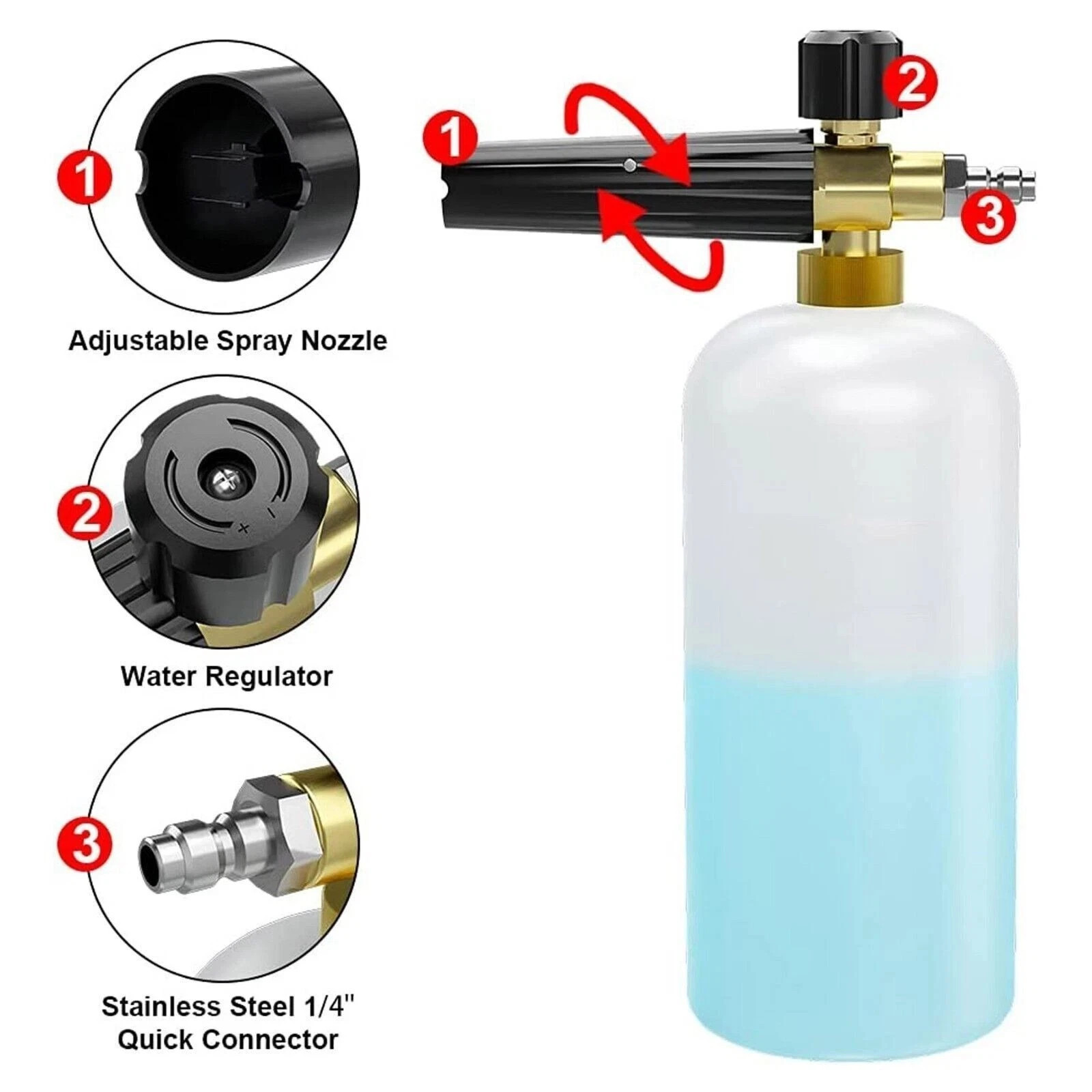Pressure Washer Gun with Snow Foam Cannon, 1L Soap Bottle & Spray Jet Nozzle