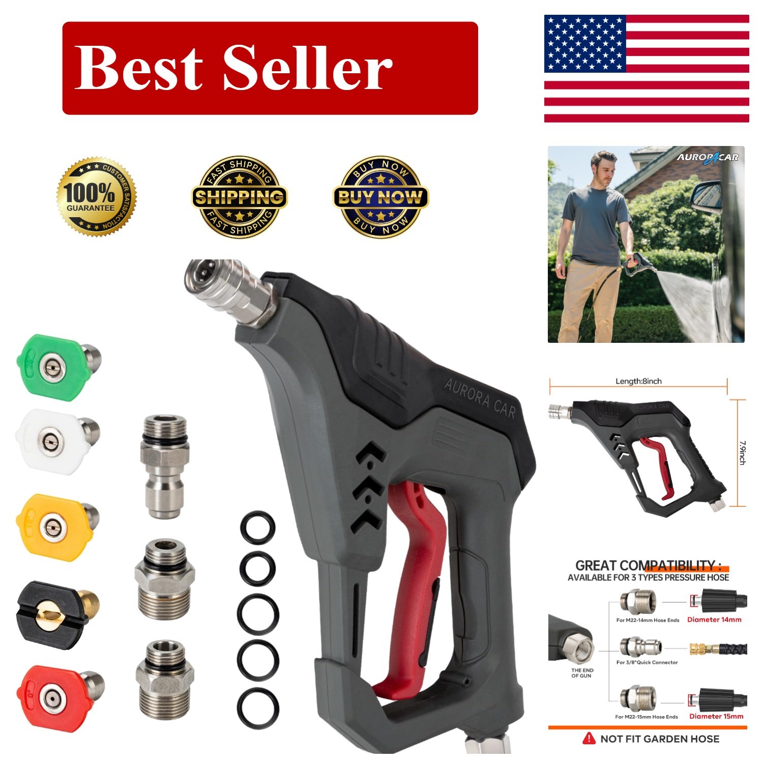Pressure Washer Short Gun, Commercial 5000 PSI 12 GPM 5 Spray Nozzle Tips, 3/8″