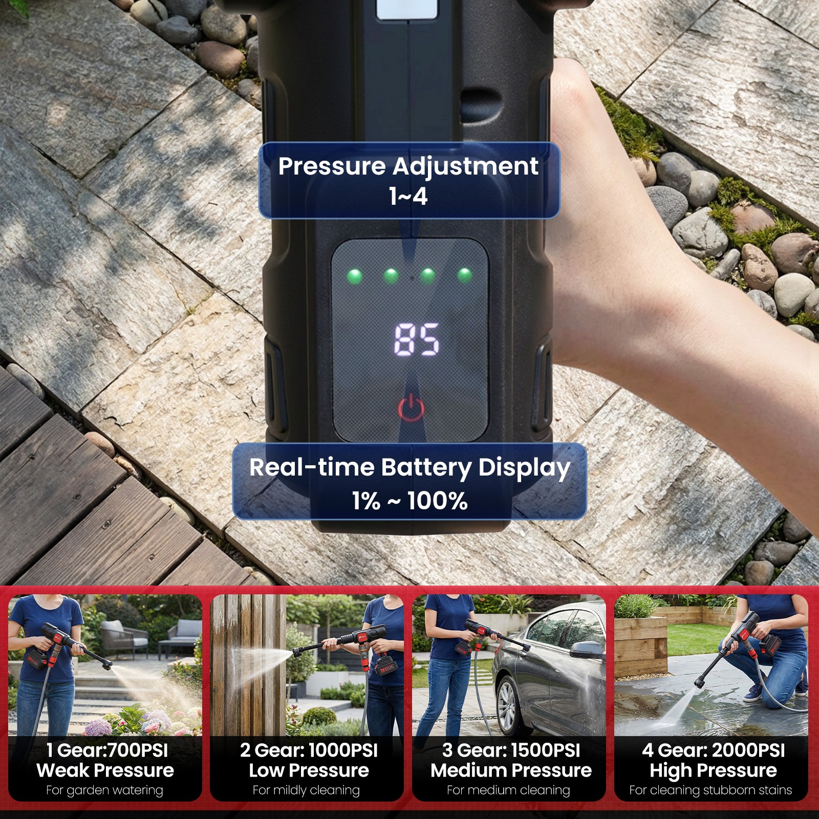 Cordless Pressure Washer 140Bar Power Washer with 7-in-1 Nozzle W/ 2 Battery