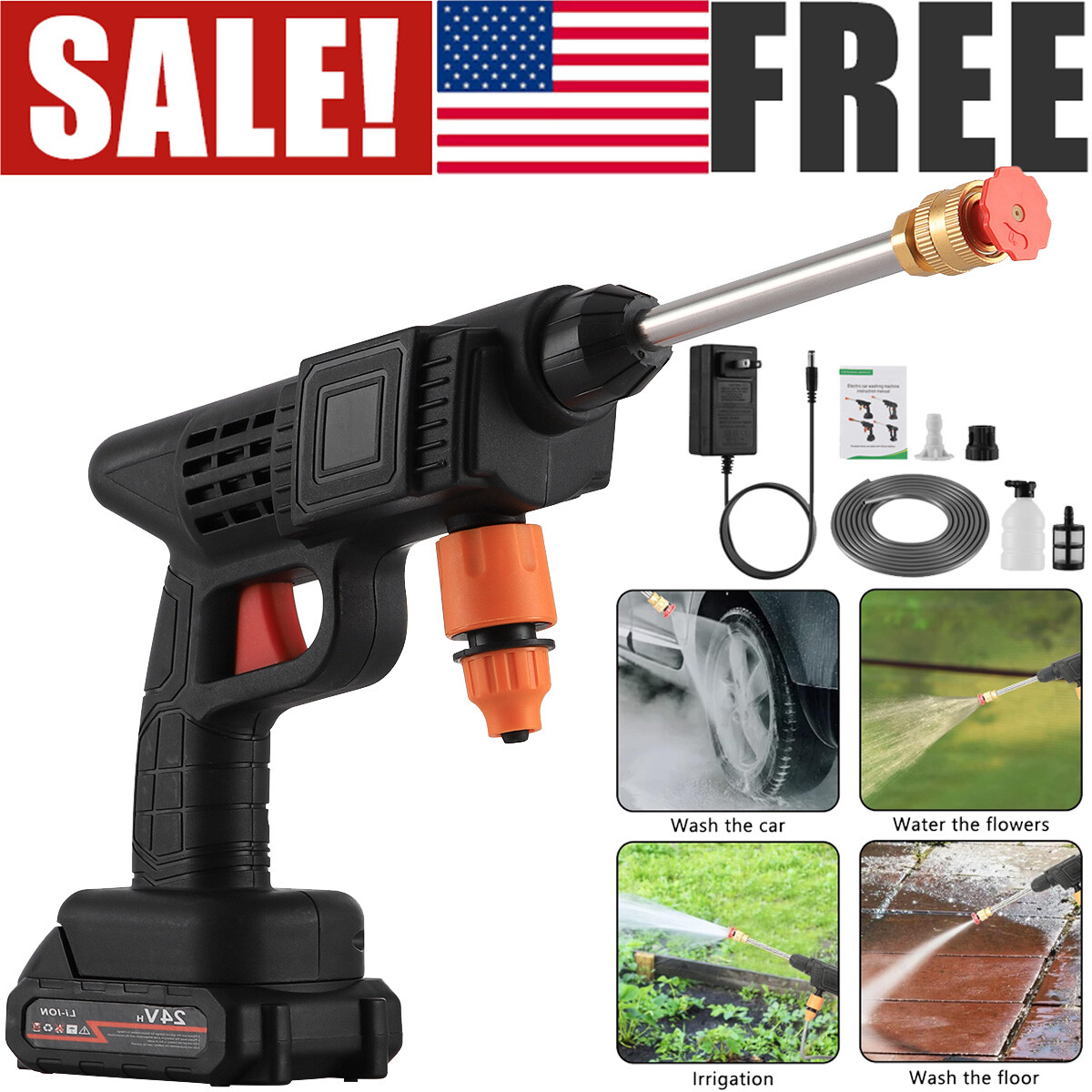 Cordless Electric High Pressure Washer Spray Water Gun Household Car Washer 24V