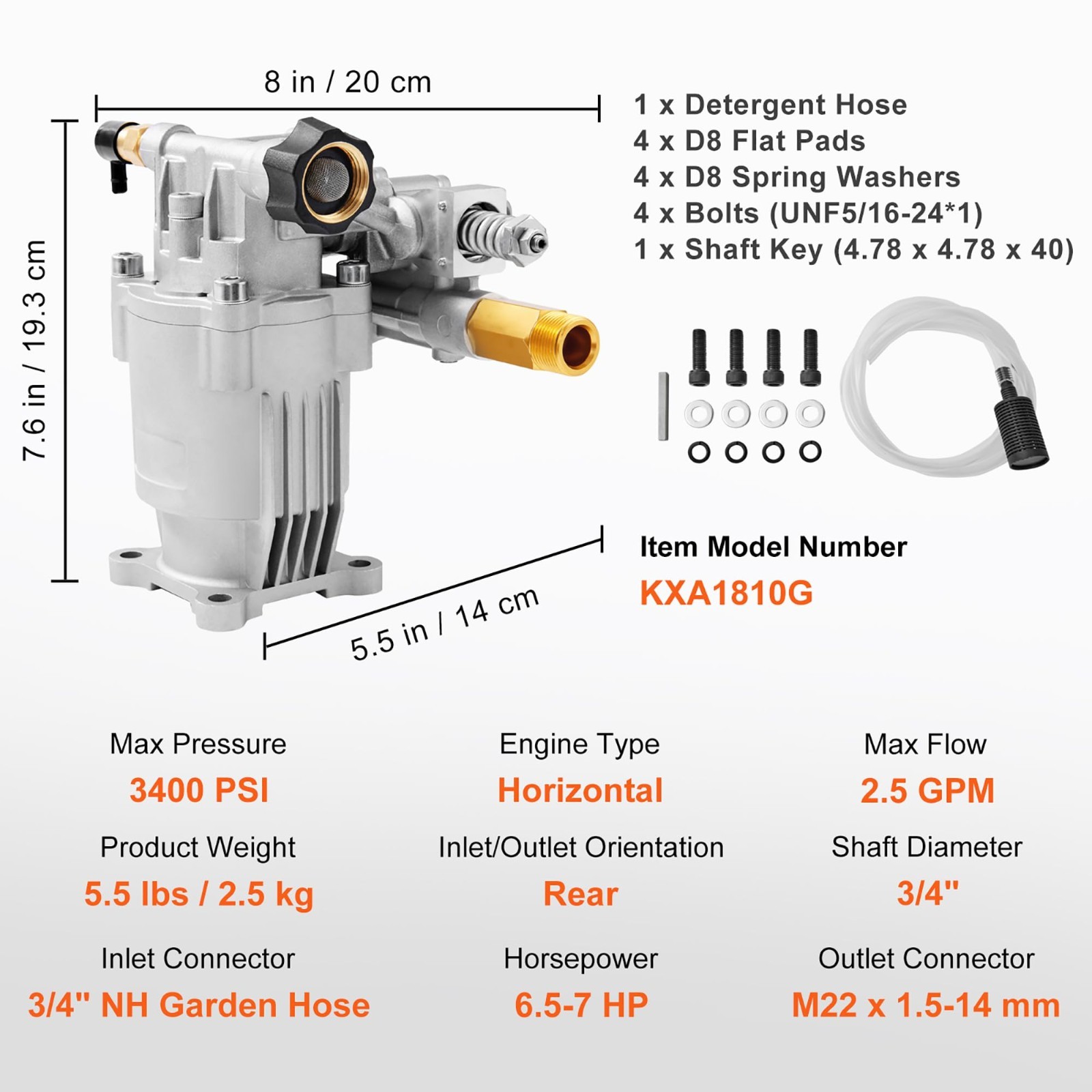 High-Pressure Washer Pump 2500-3400 PSI, 2.5 GPM, 3/4″ Shaft Replacement Parts