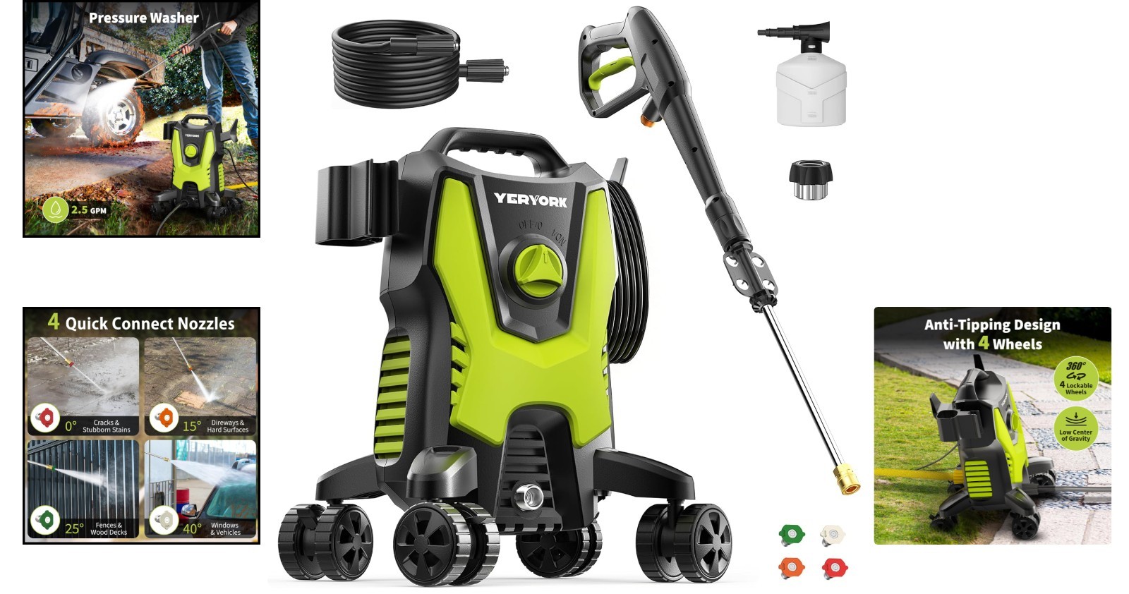 3500 PSI Power Washer with 4 Lockable Wheels & Foam Cannon – Effortless Cleaning