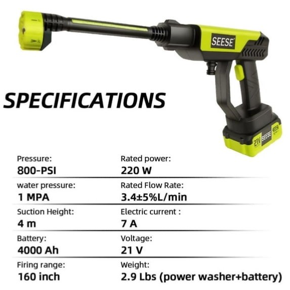 SEESE 800 PSI Water Pressure Washer Cordless Portable Pressurized Hose Car Wash