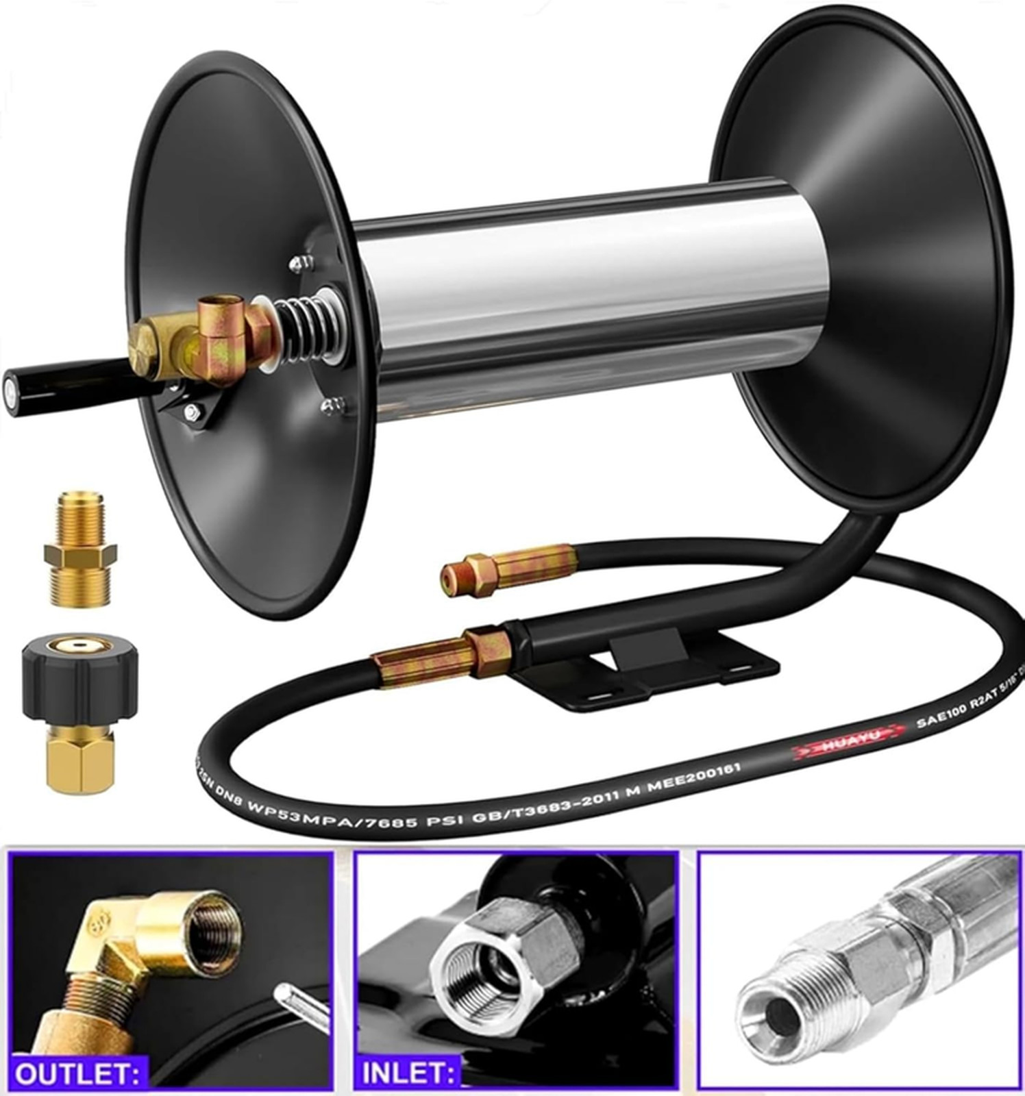 100FT Pressure Washer Hose Reel, High Pressure Hose Reel with Hand Crank, 3/8