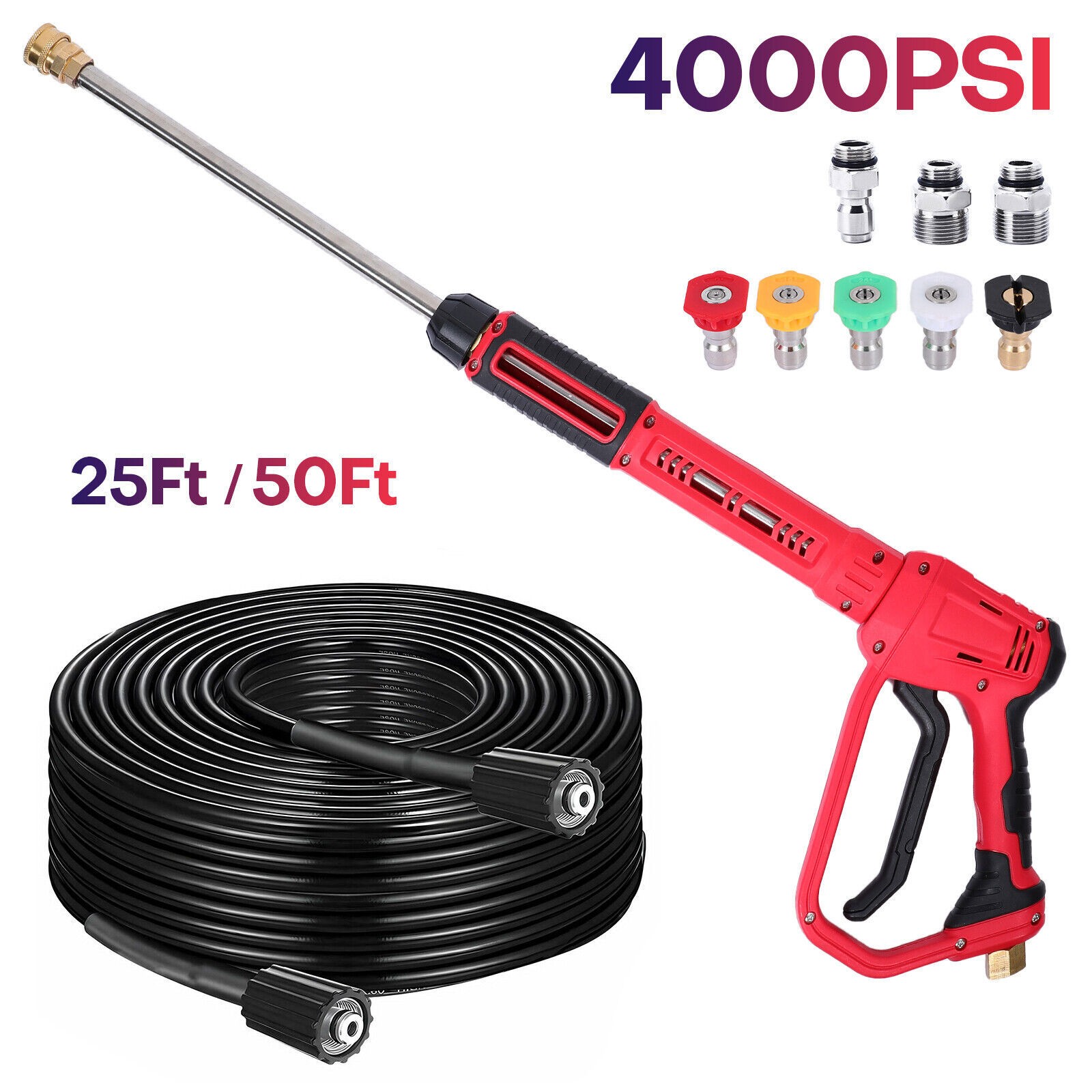 4000PSI High Pressure Power Washer Spray Gun Wand Lance Nozzle Tips Hose Kit M22