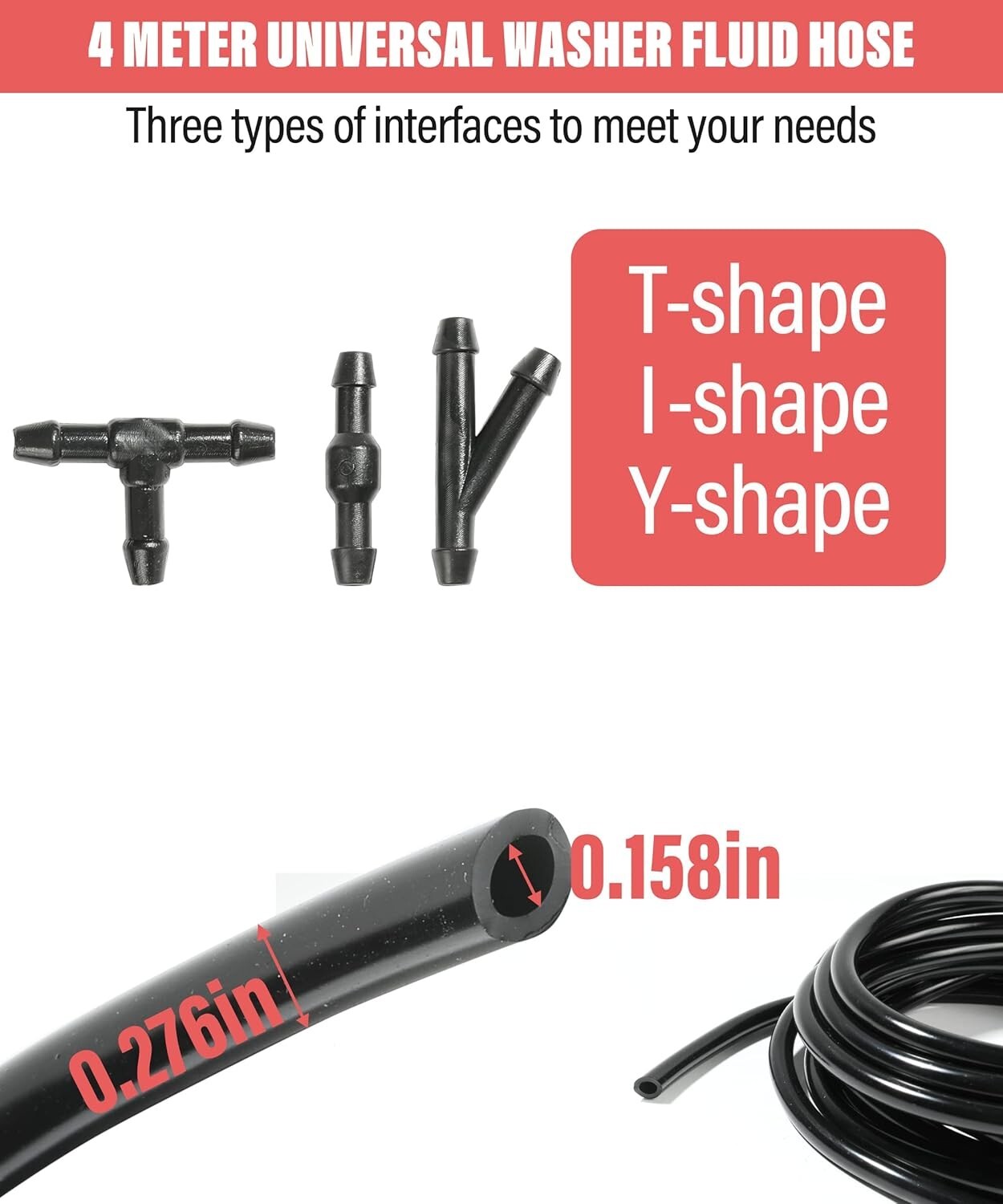 Windshield Washer Nozzles Hose Kit-4M Washer Fluid Hose,3 Pcs Hose Connectors,10