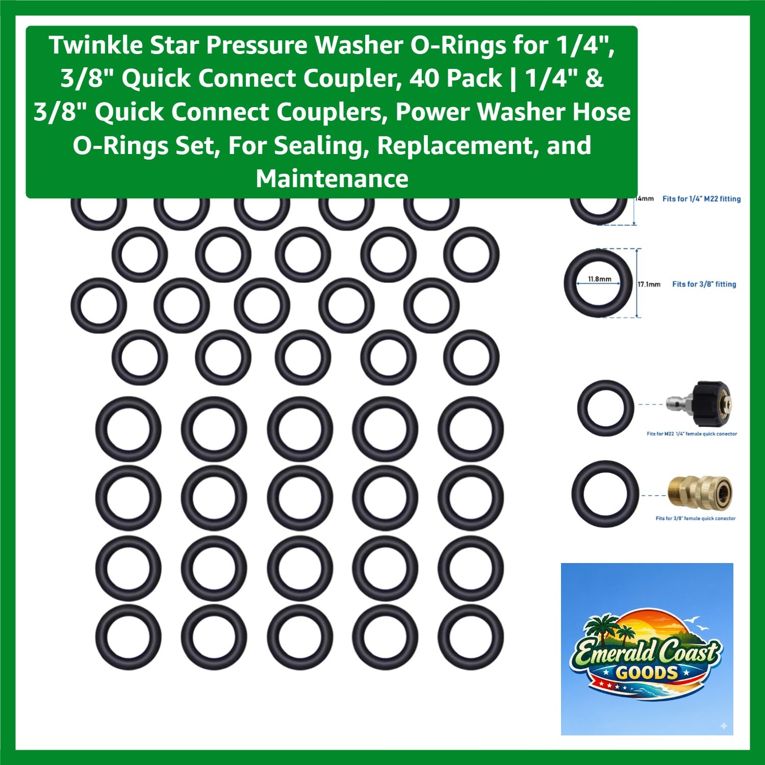 Replacement O-Ring Kit for Pressure Washers – 40 Pack for 1/4″ & 3/8″ Fittings
