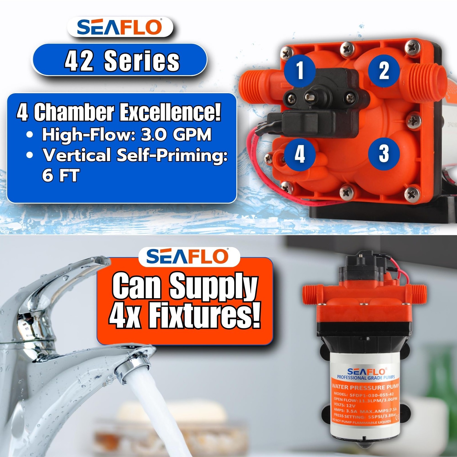 12V Diaphragm Pump 3.0 GPM 55PSI for Marine, RV, Off-Grid, Boats
