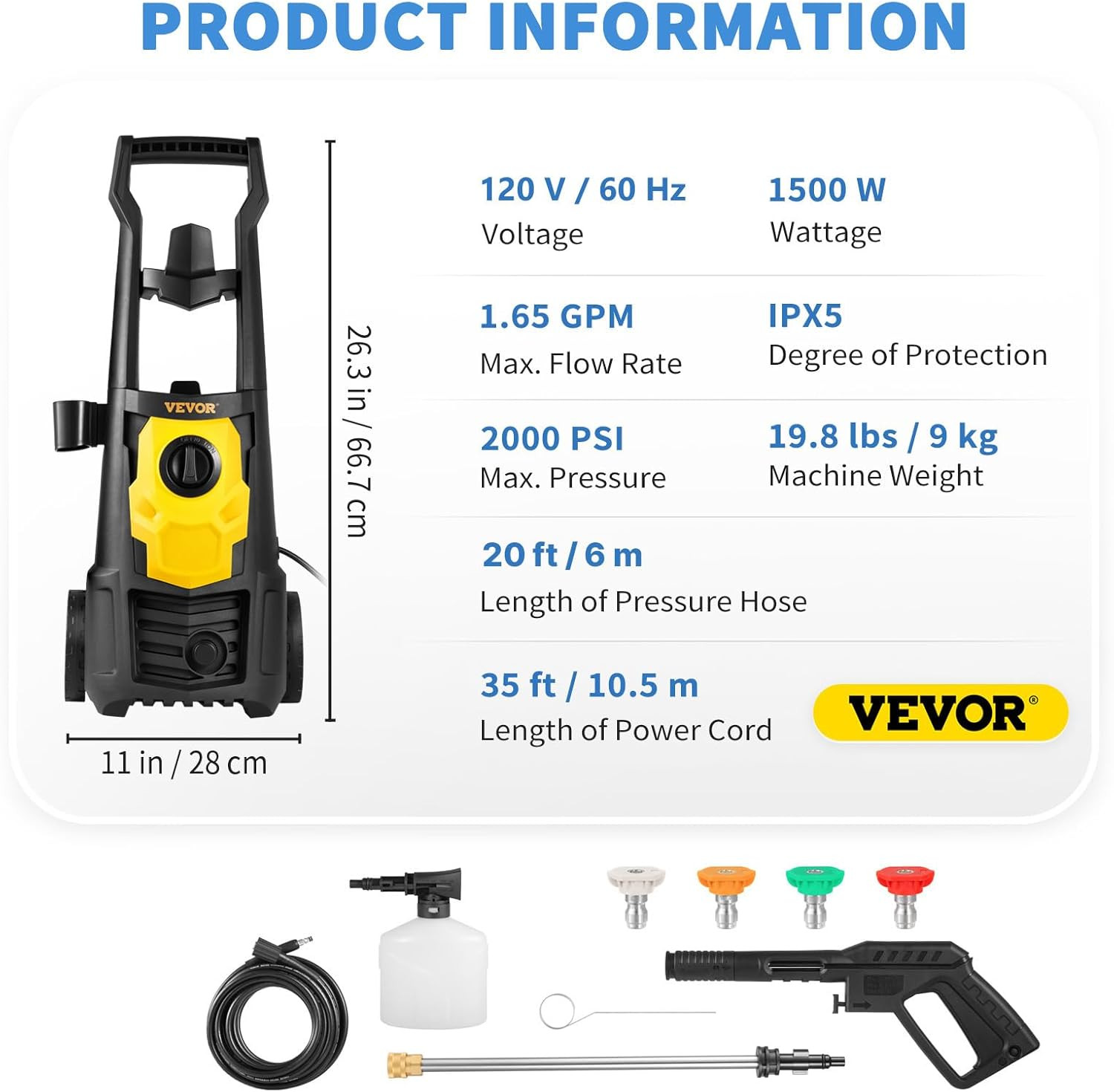 Electric Power Washer, 2000 PSI 1.65 GPM, Portable Cleaner with 30Ft Hose, Foam