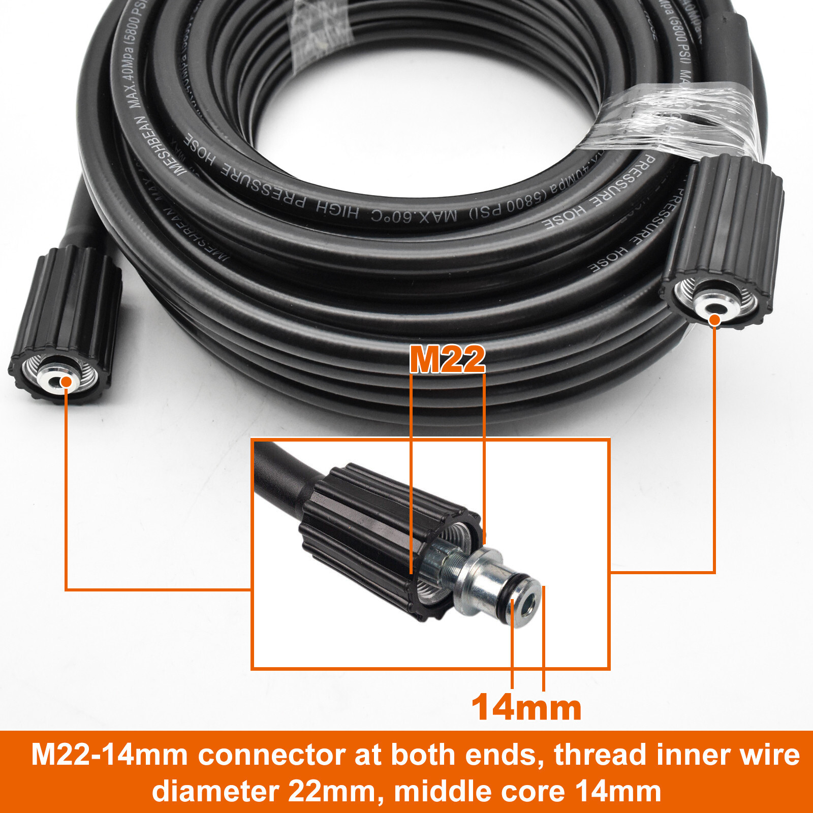 High Pressure Washer Hose 30m/100ft 5800PSI M22-14mm Power Washer Extension Tube