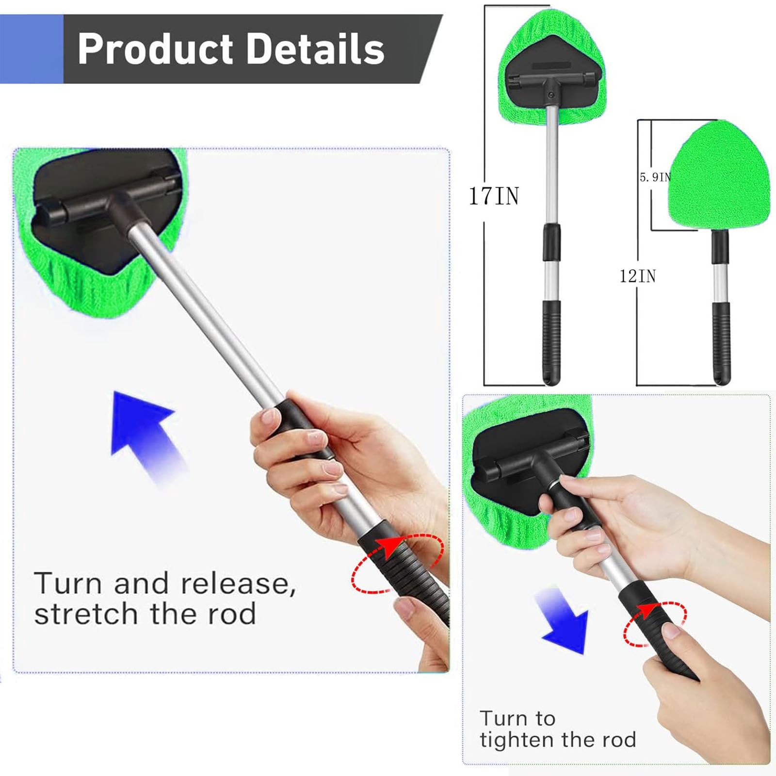 Windshield Cleaning Tool with 4 Reusable Microfiber Pads & Extendable Handle