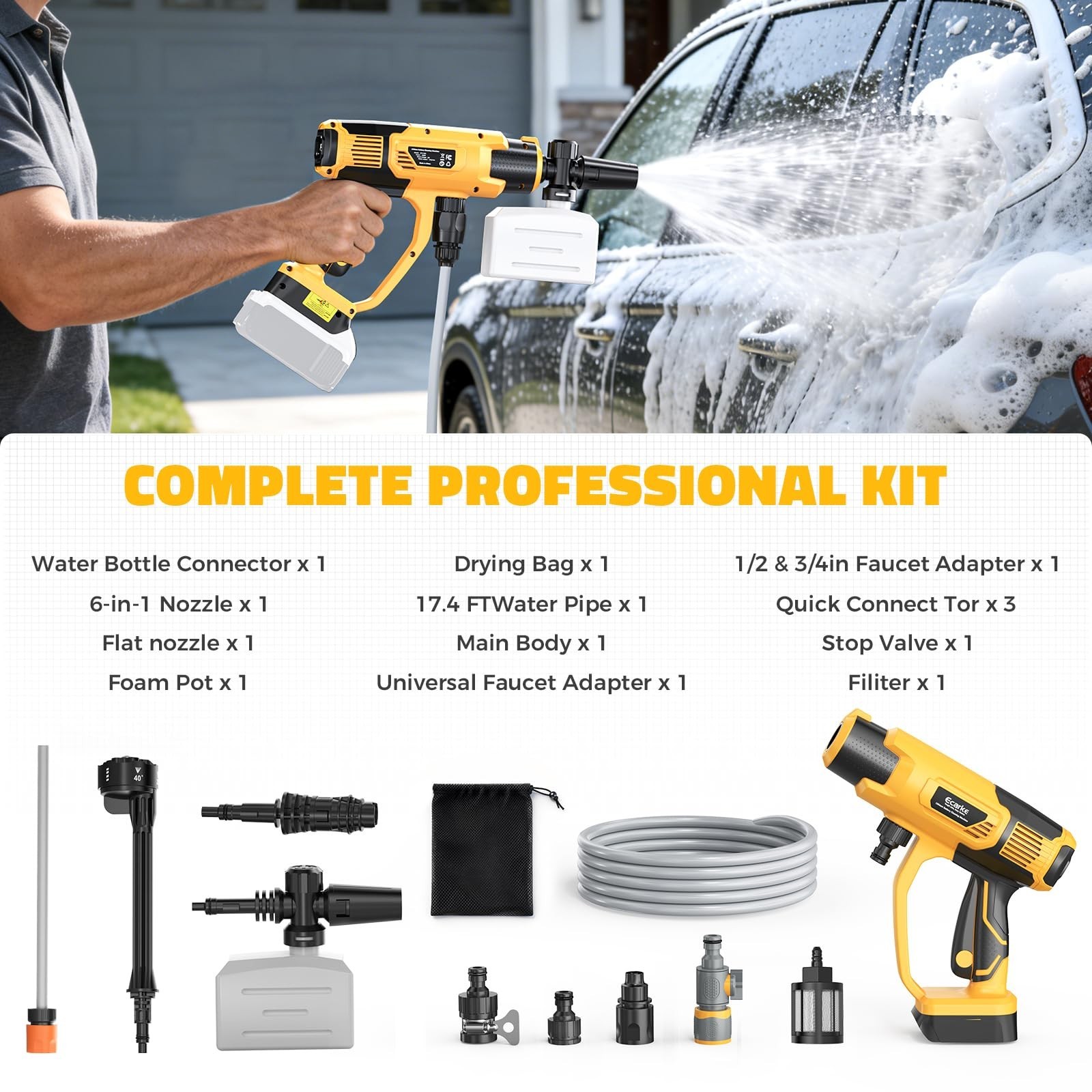 Portable Car Cleaning Tool, 6-in-1 Nozzle & Foam Cannon, 3-Speed, 5m Hose, Brush