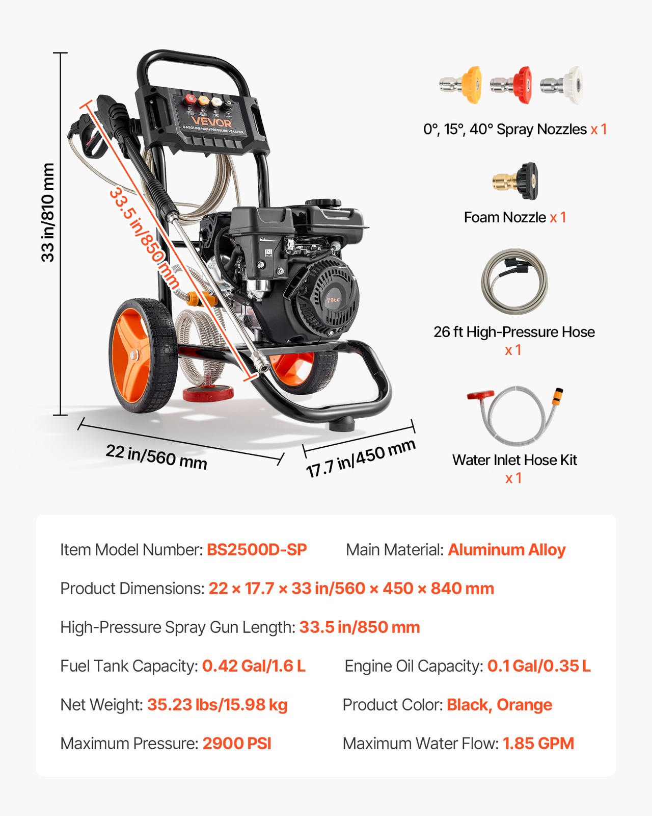 VEVOR Gas Pressure Washer 2900 PSI 1.85 GPM Aluminum Pump 4 Nozzles for Cars