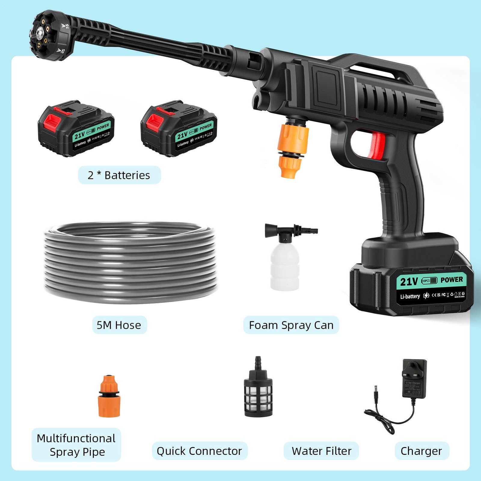 Car Cordless Pressure Washer Gun 2 Batteries 6 In 1 Nozzle Suitable For Familie