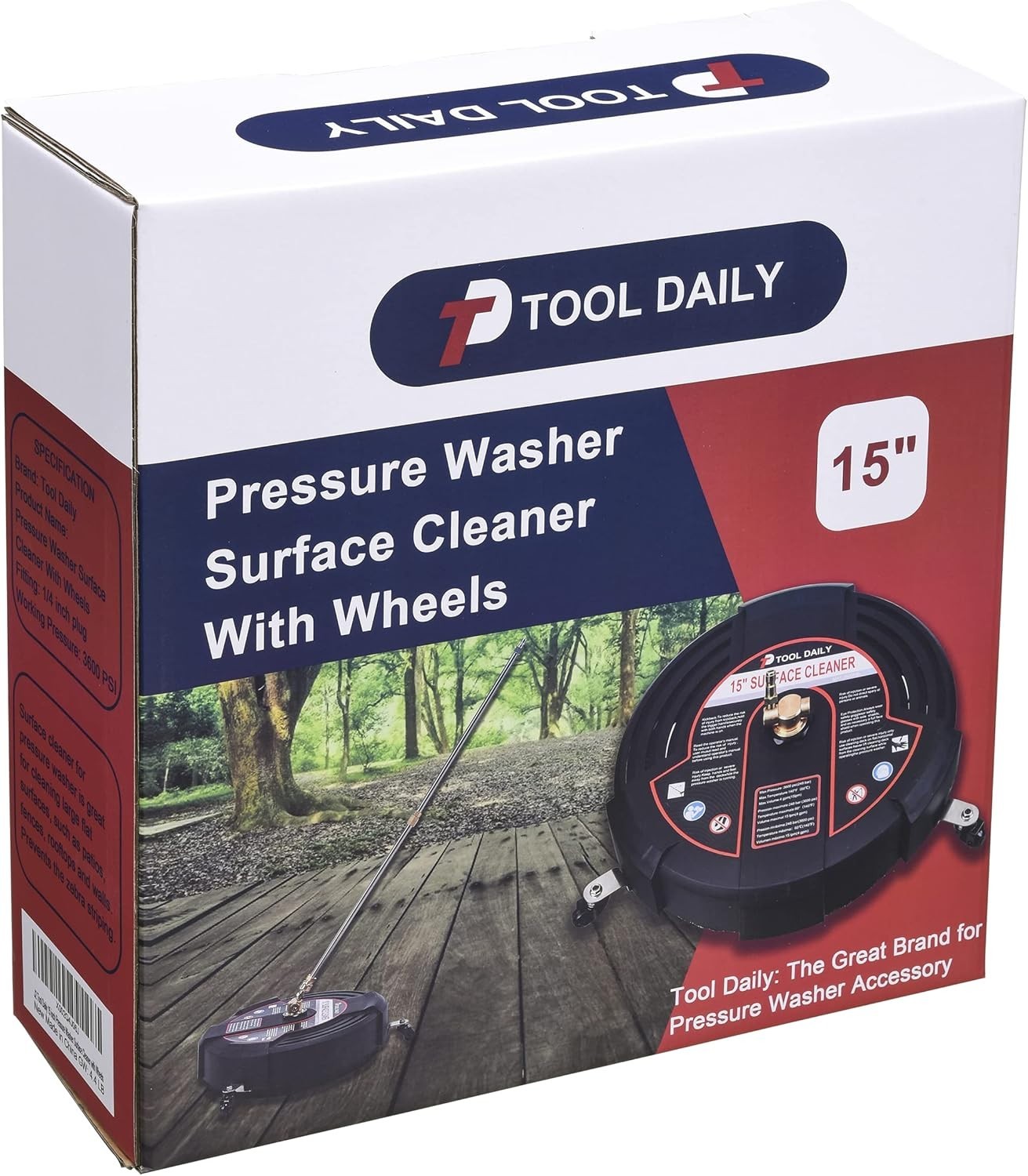 15 Inch Pressure Washer Surface Cleaner – 3600 PSI with 3 Wheels & Wands