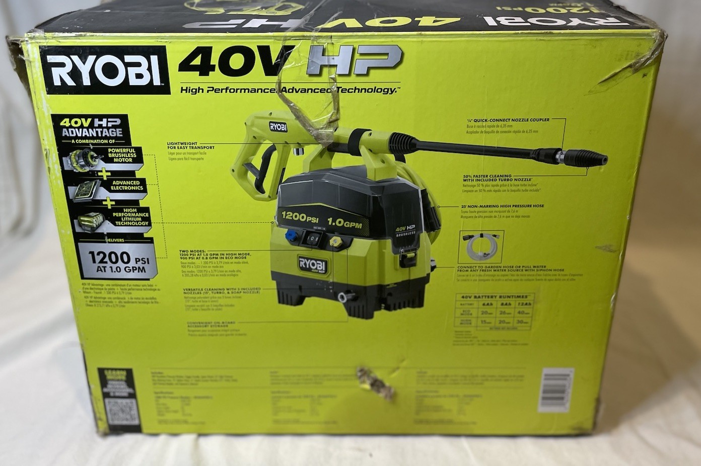 RYOBI – 40V Brushless Pressure Washer 1200 PSI 1.0 GPM- Unit Only.