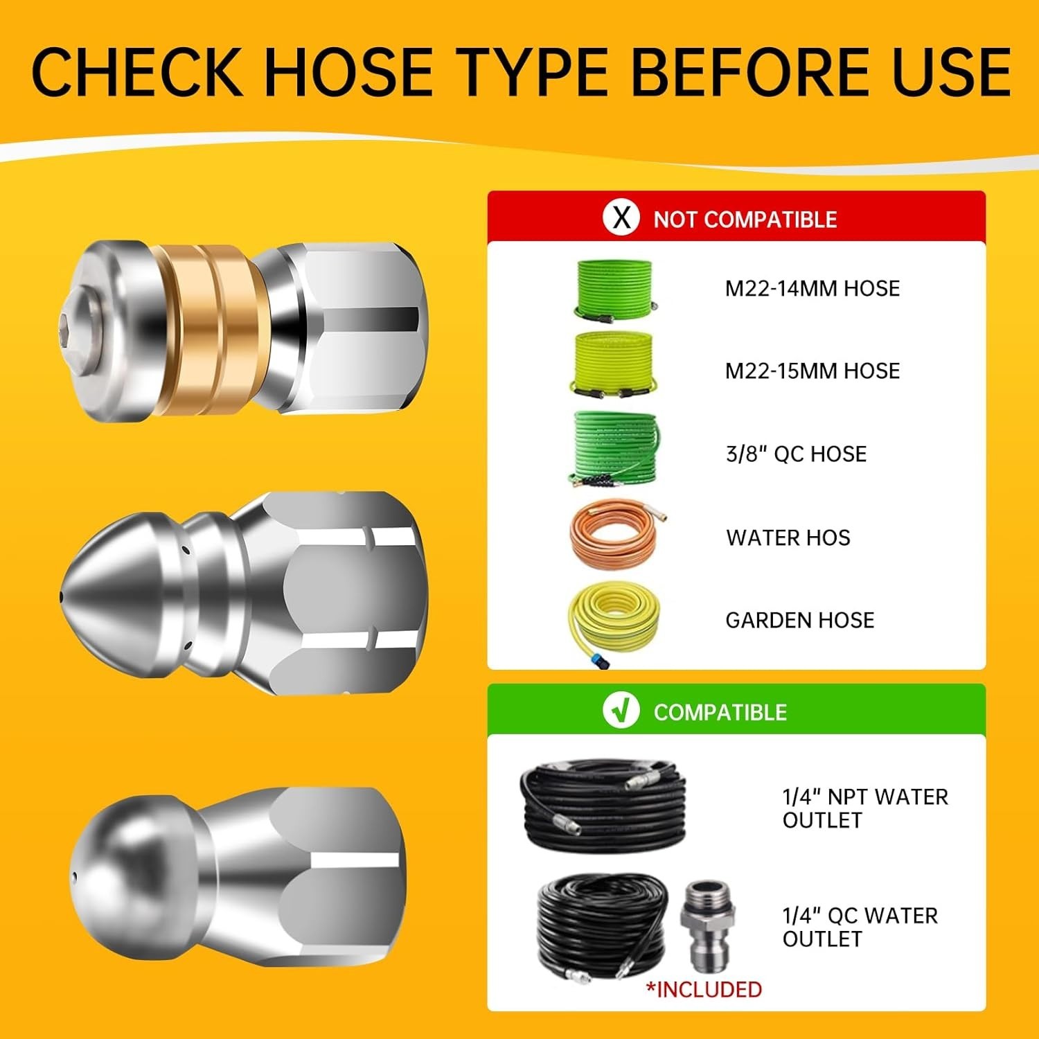 3-Pack Stainless Steel Sewer Jetter Nozzle Kit for High-Pressure Drain Cleaning