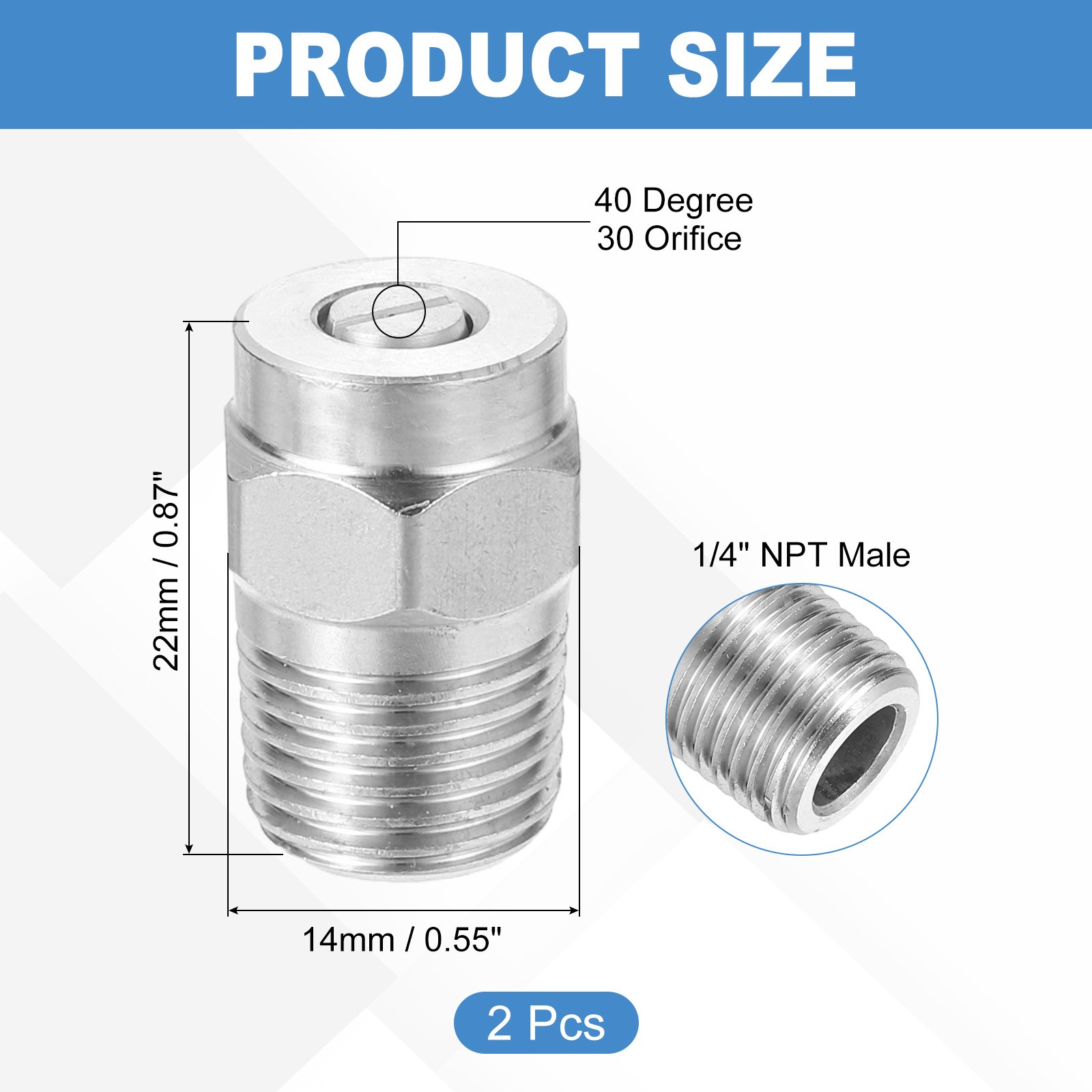 2Pcs 1/4 Inch NPT Male Pressure Washer Nozzle 030 ORIFICE 40 DEGREE Nozzles Tips