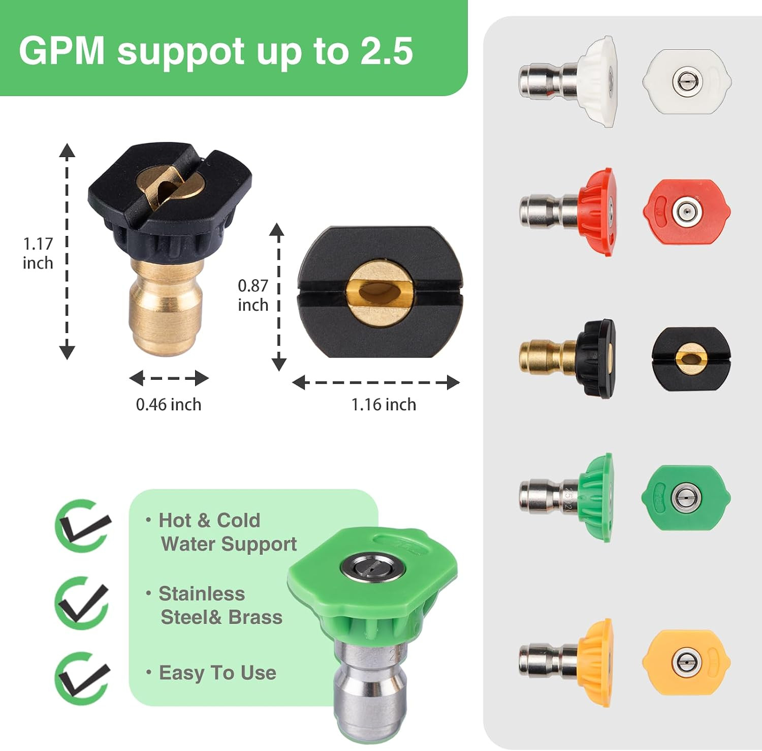 Universal Pressure Washer Nozzle Tips Set, 5 Multi-Degree Spray Tips(0、15、25、40)