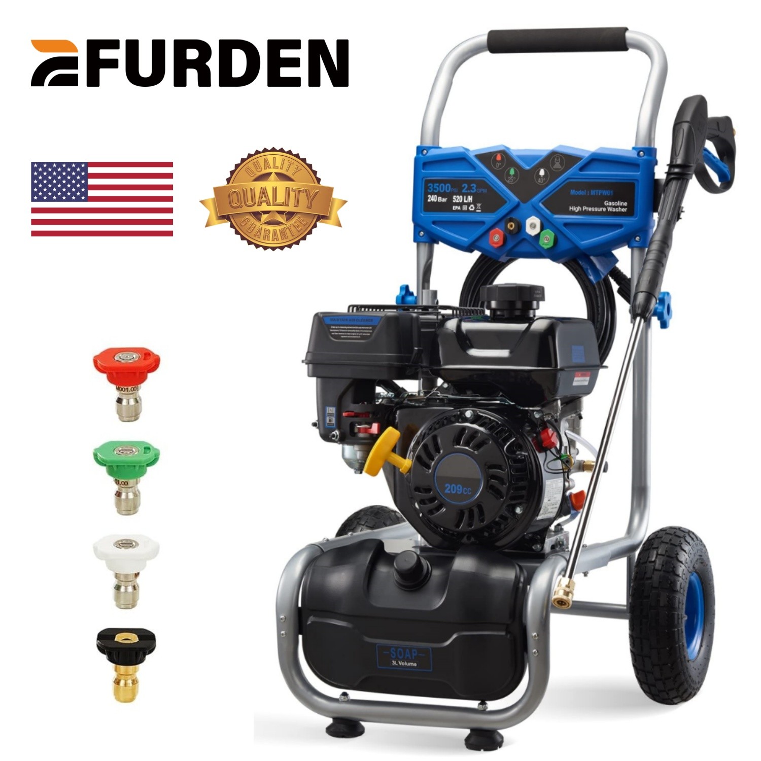 Efurden Gasoline Pressure Washer Cold Water 3500 PSI 2.3 GPM 209cc 4 Nozzles