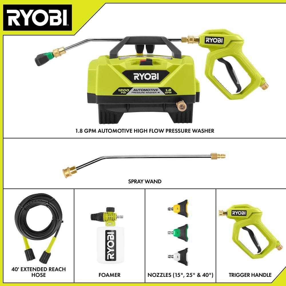 RYOBI 1200 PSI 1.8 GPM Cold Water Automotive High Flow Electric Pressure Washer