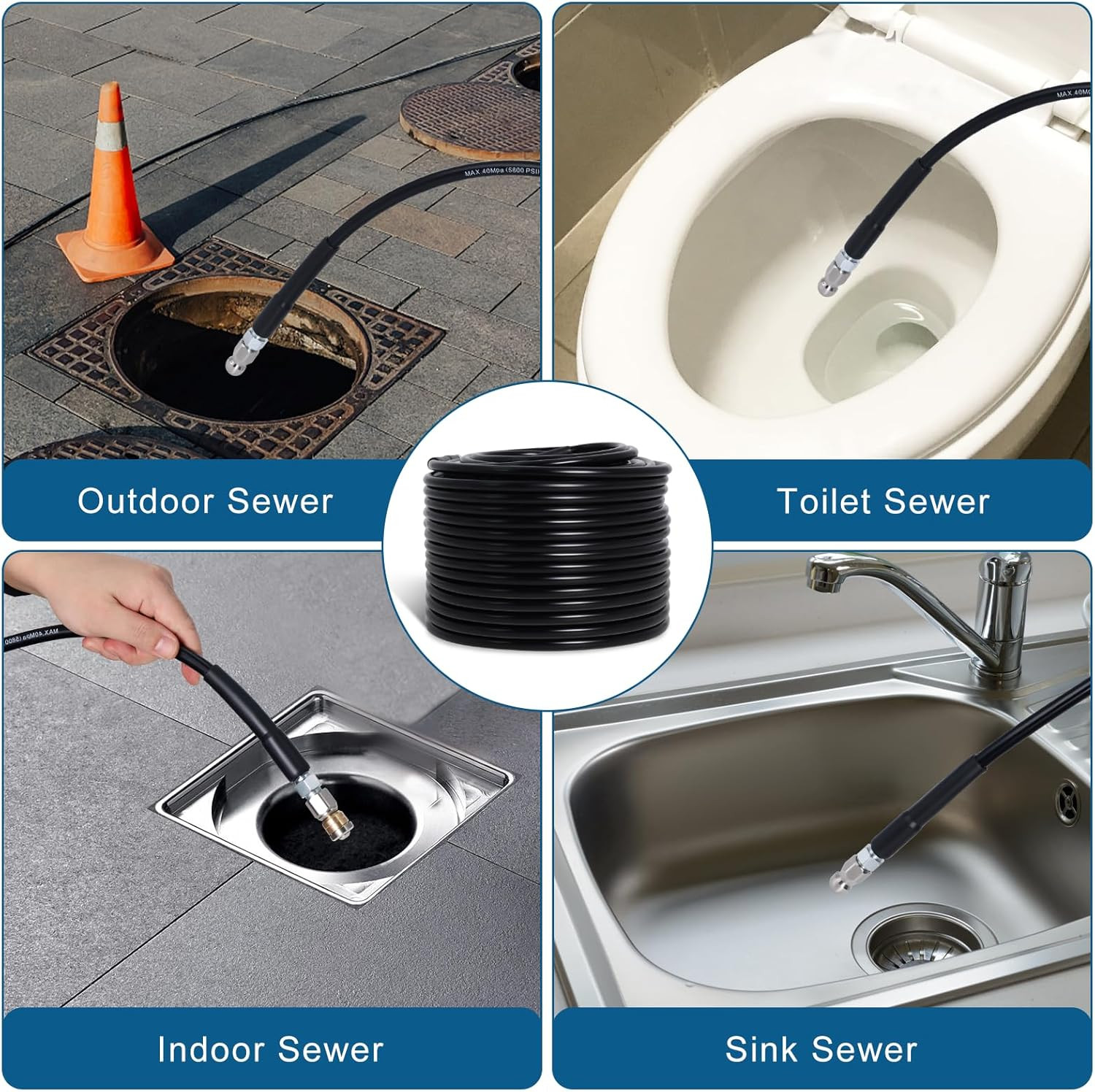 150FT Sewer Jetter Kit for Pressure Washer with 4 Nozzles & Accessories