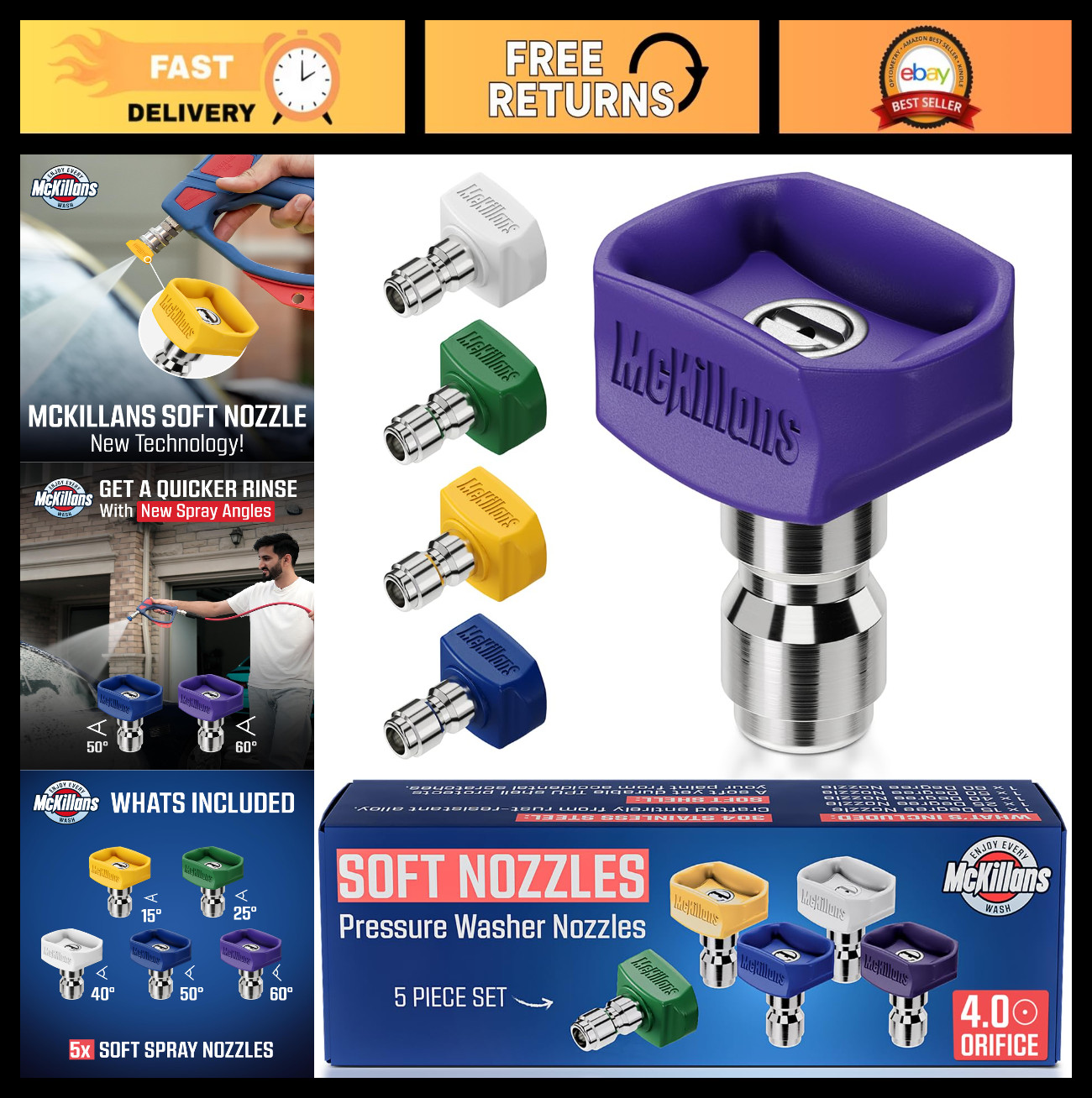 Soft Pressure Washer Nozzle Tips Set – Fast Rinse, 60° 50° 40° 25° 15° Angles, E
