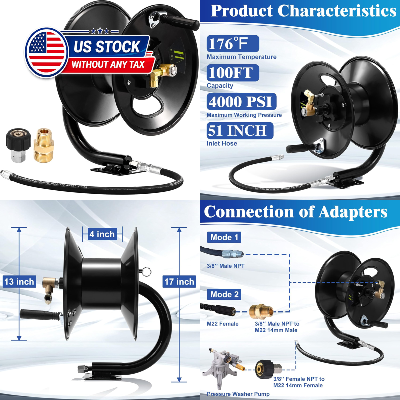 Pressure Washer Hose Reel 100ft x 3/8″ / 150ft x 1/4″, 4000 PSI | Heavy Duty