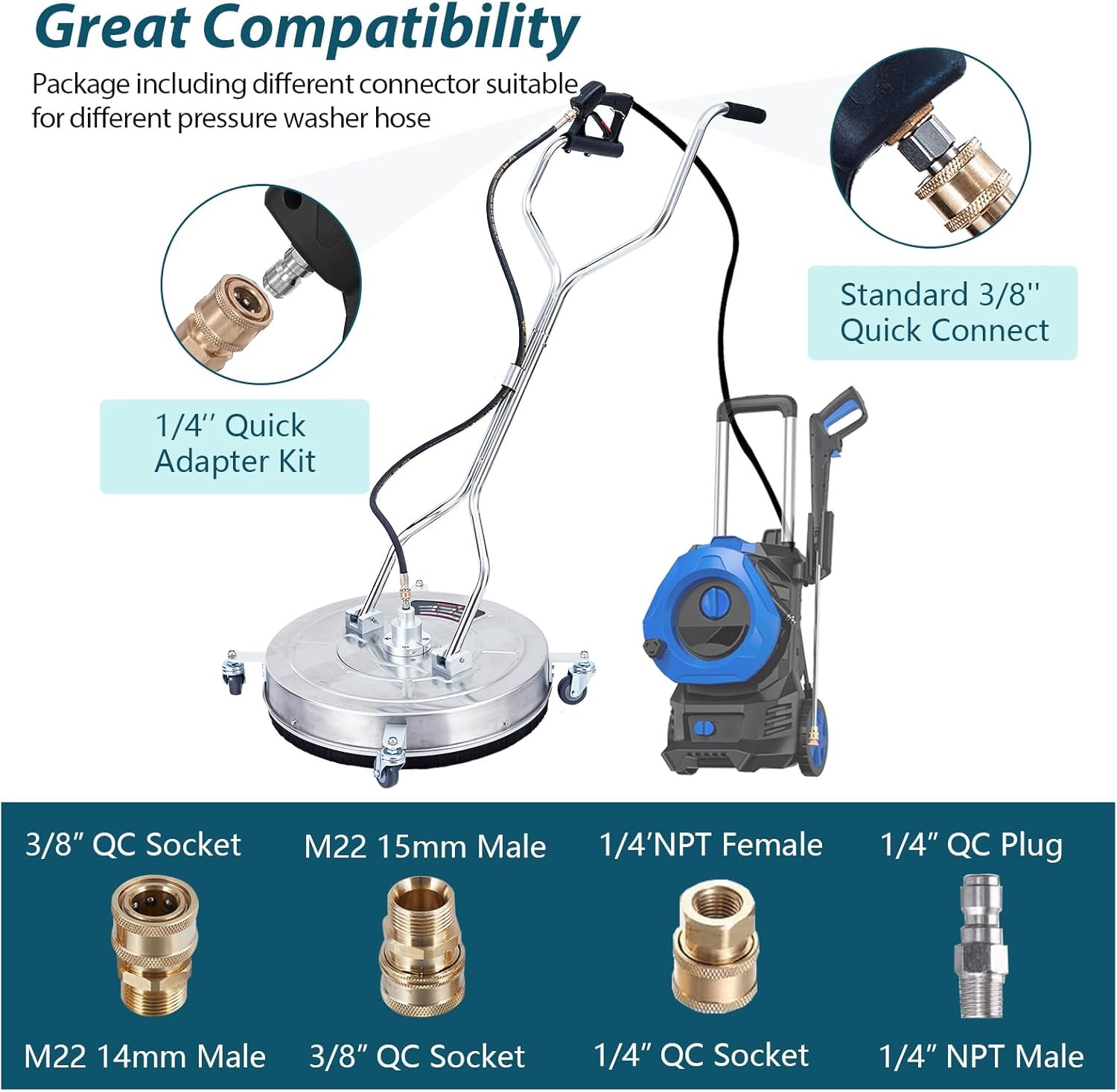 24″ Pressure Washer Surface Cleaner with Wheels & Handle Stainless Steel 4000PSI