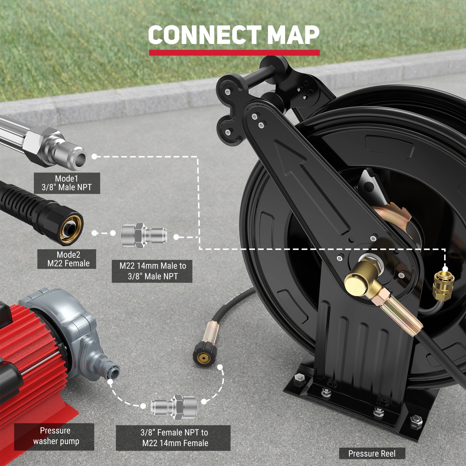 Pressure Washer Hose Reel Dual Arm 3/8in x 50ft Retractable Pressure Washer Reel