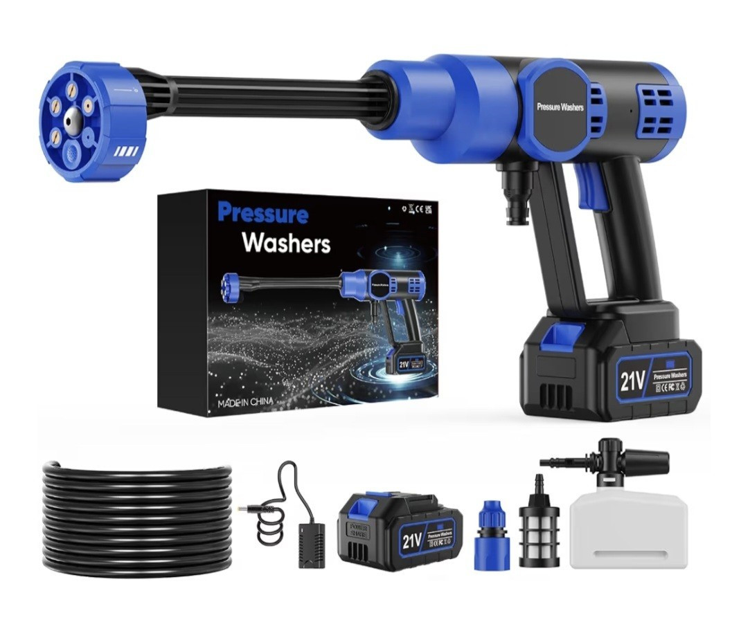 Cordless Cold Water Pressure Washer Gun 21V 5000 PSI w/ Battery Hose Soap Tank