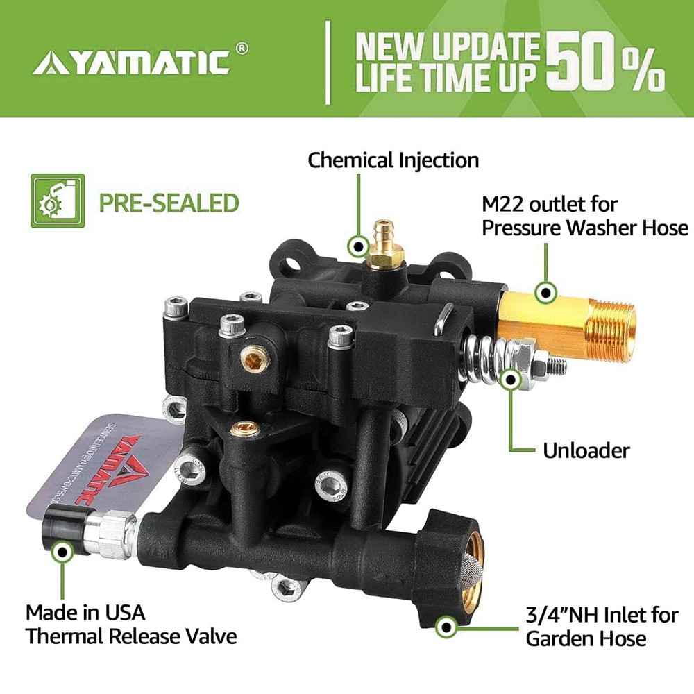 YAMATIC 3/4″ Shaft Horizontal Pressure Washer Pump 3400PSI 2.5 GPM Nozzles Free