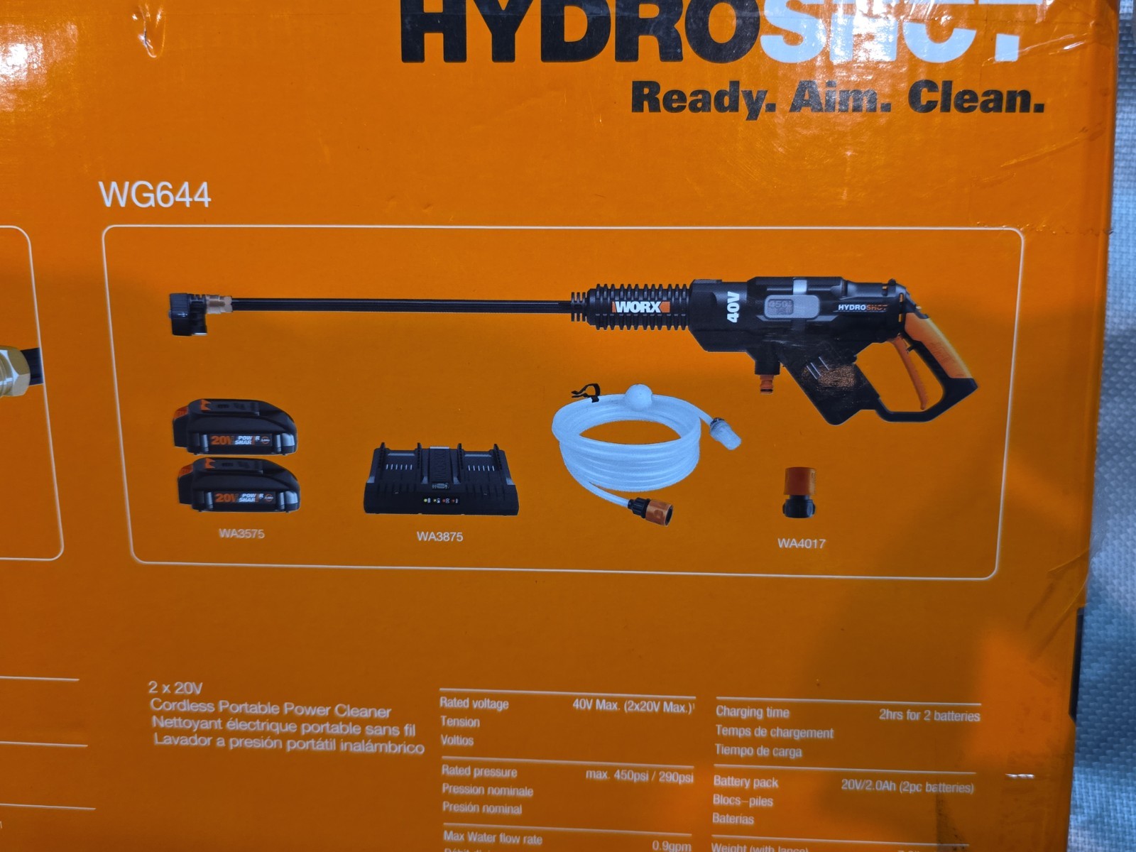 WORX HydroShot WG644 40V Cordless Power Cleaner, Adjustable Nozzle, 450 PSI