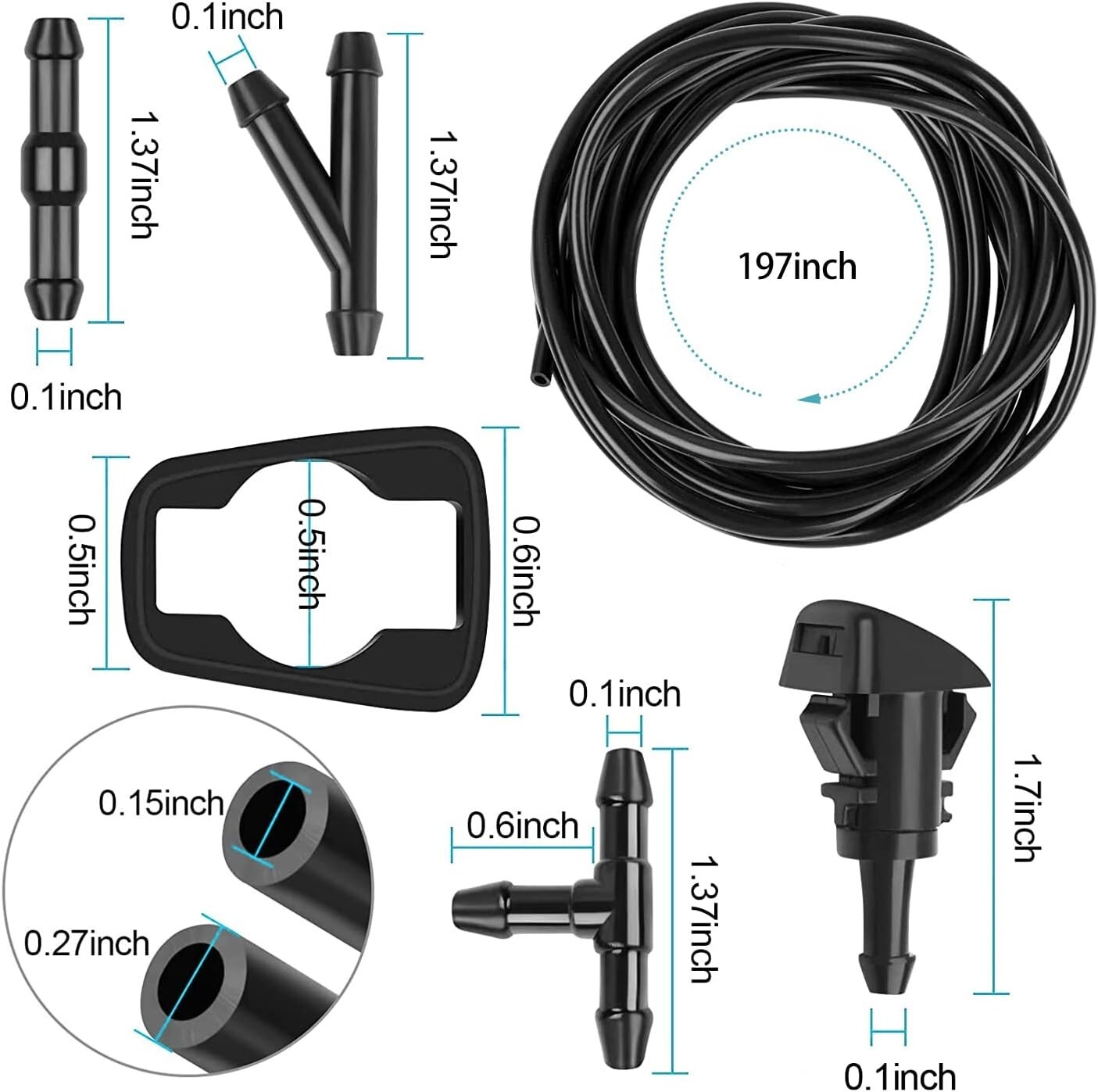5M Windshield Washer Hose Kit with 12 Connectors, 2 Fan Nozzles & 2 Rubber Ga…