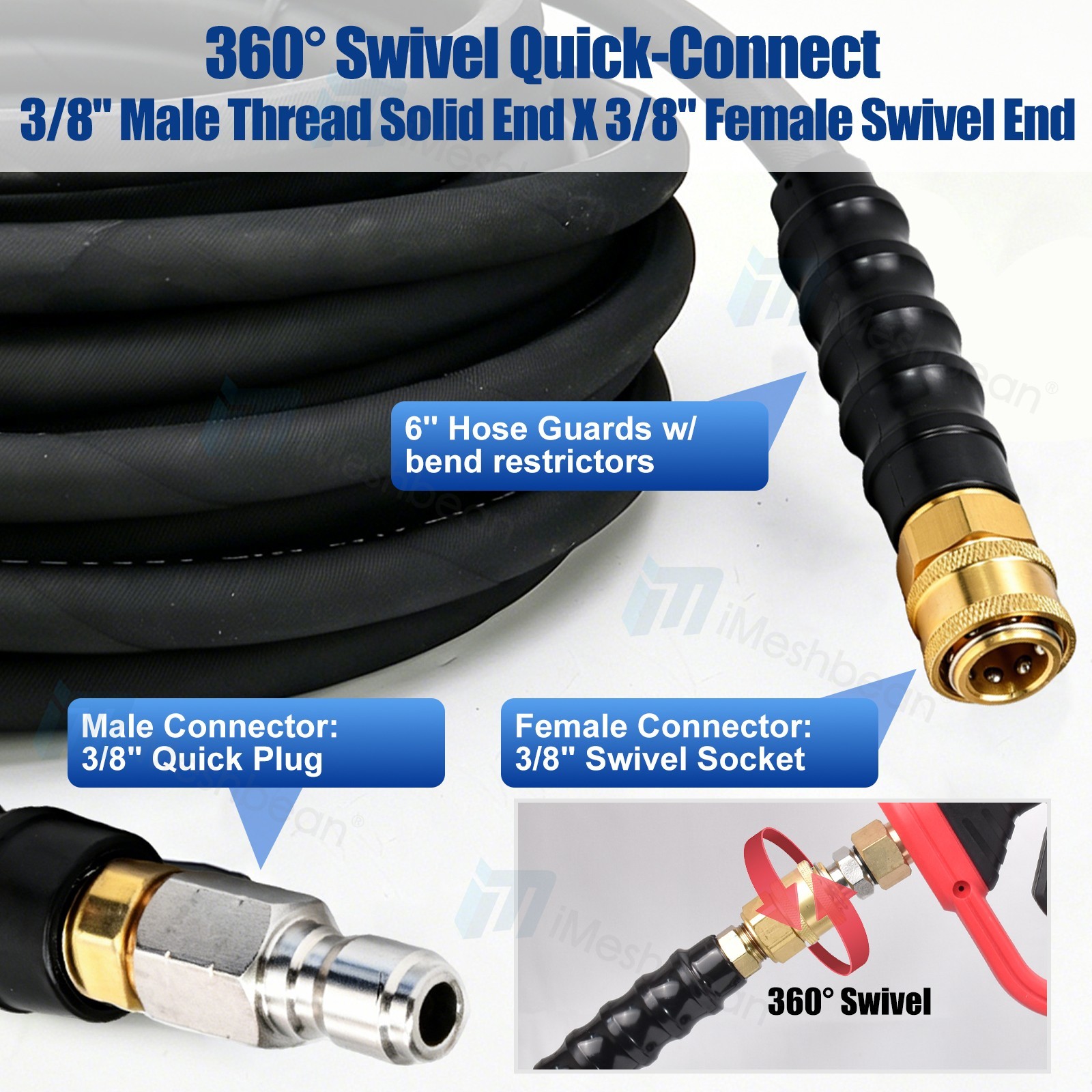 125ft Pressure Washer Hose 4000 PSI Non-Marking Gray With Couplers 275F 3/8″
