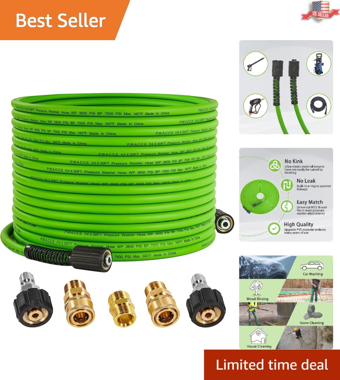 Durable Heavy-Duty Pressure Washer Hose – 3600 PSI – Flexible Power Wash Hose