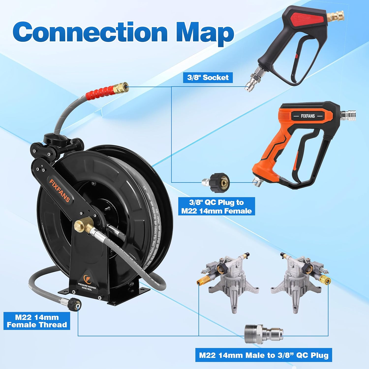 Pressure Washer Hose Reel with Hose for Hot and Cold Water, 3/8″ X 50 FT Steel A