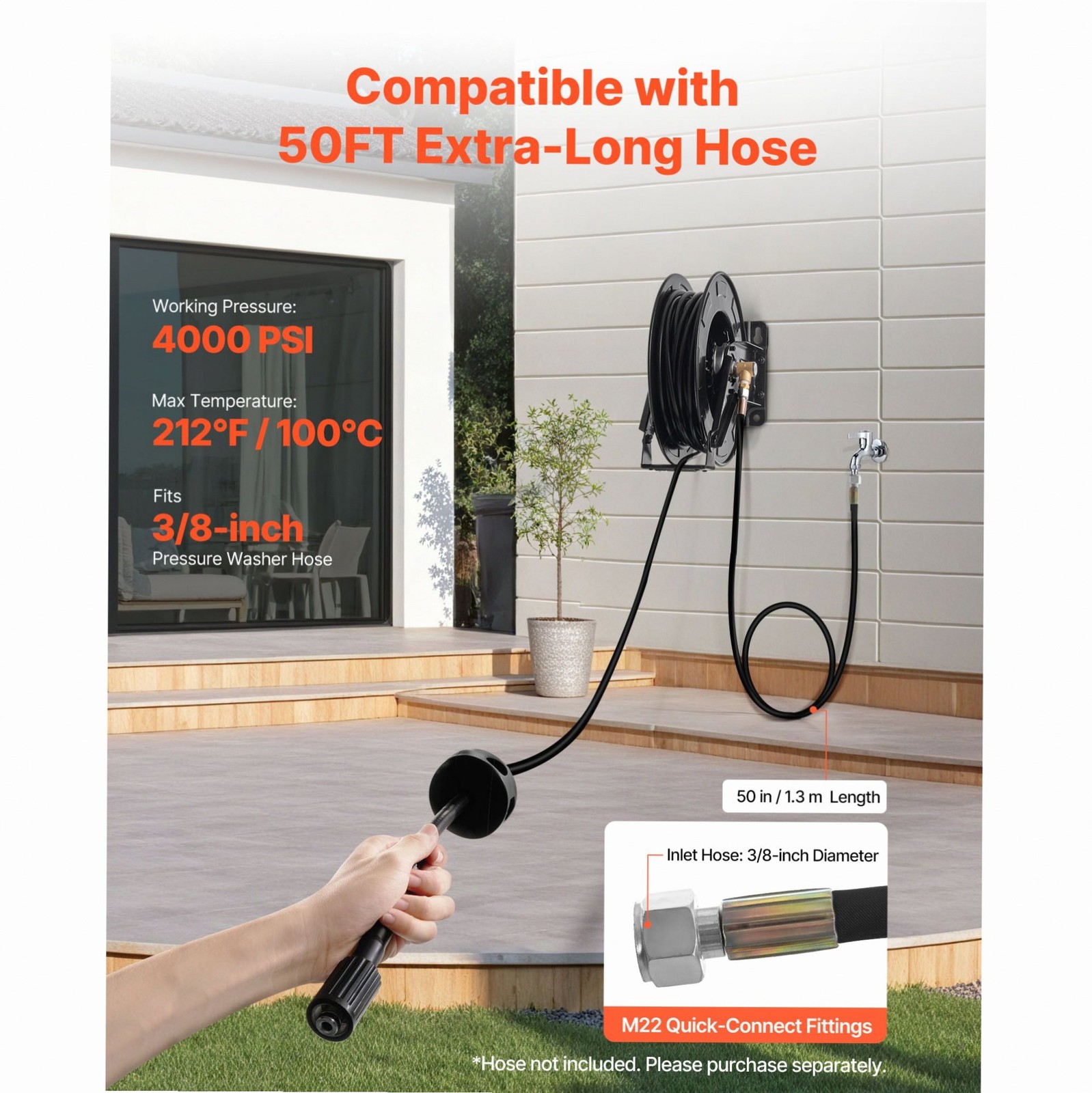 Pressure Washer Hose Reel 50ft 3/8in Auto-Rewind 4000PSI