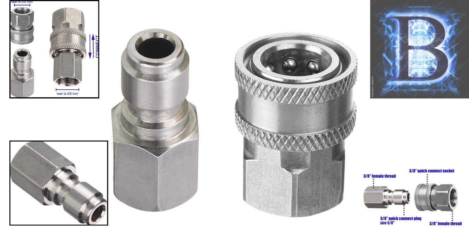5000 PSI Quick Connect Adapter Set – 3/8 Inch Female Fitting in Stainless Steel