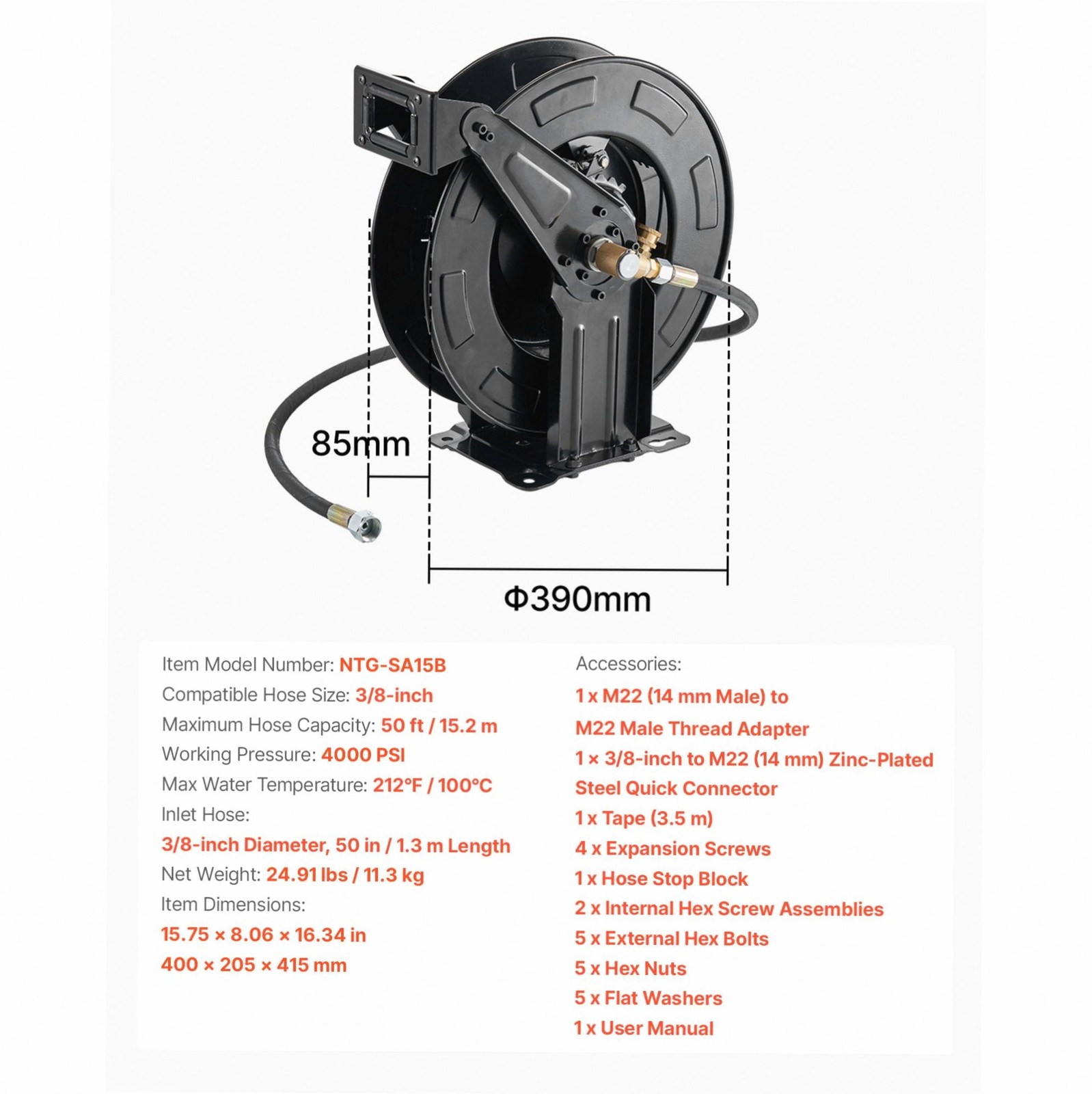 Pressure Washer Hose Reel 50ft 3/8in Auto-Rewind 4000PSI