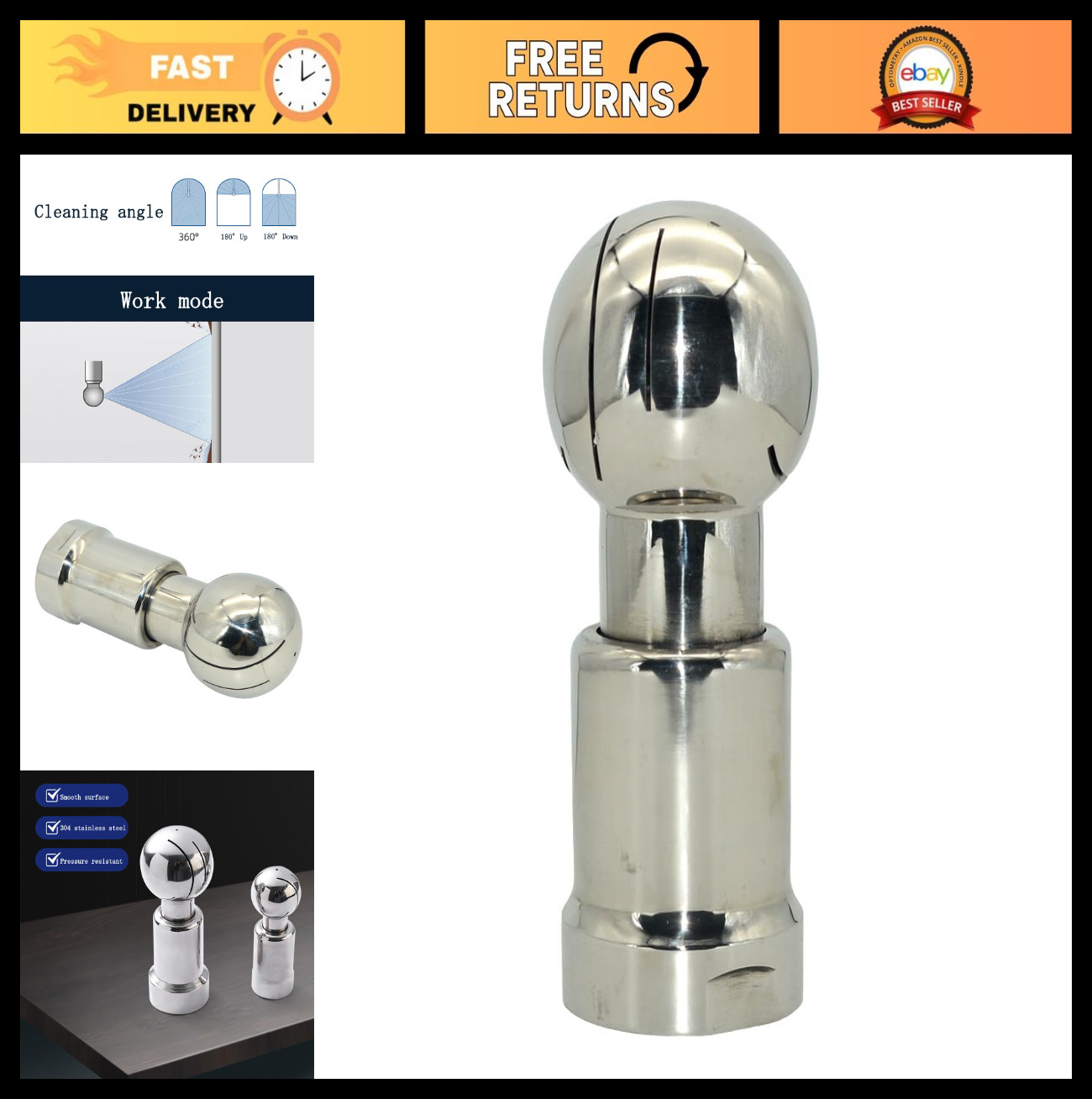 304 Stainless Steel CIP Tank Cleaning Ball, 360° Rotary Spray, NPT 1-1/2″ Thread